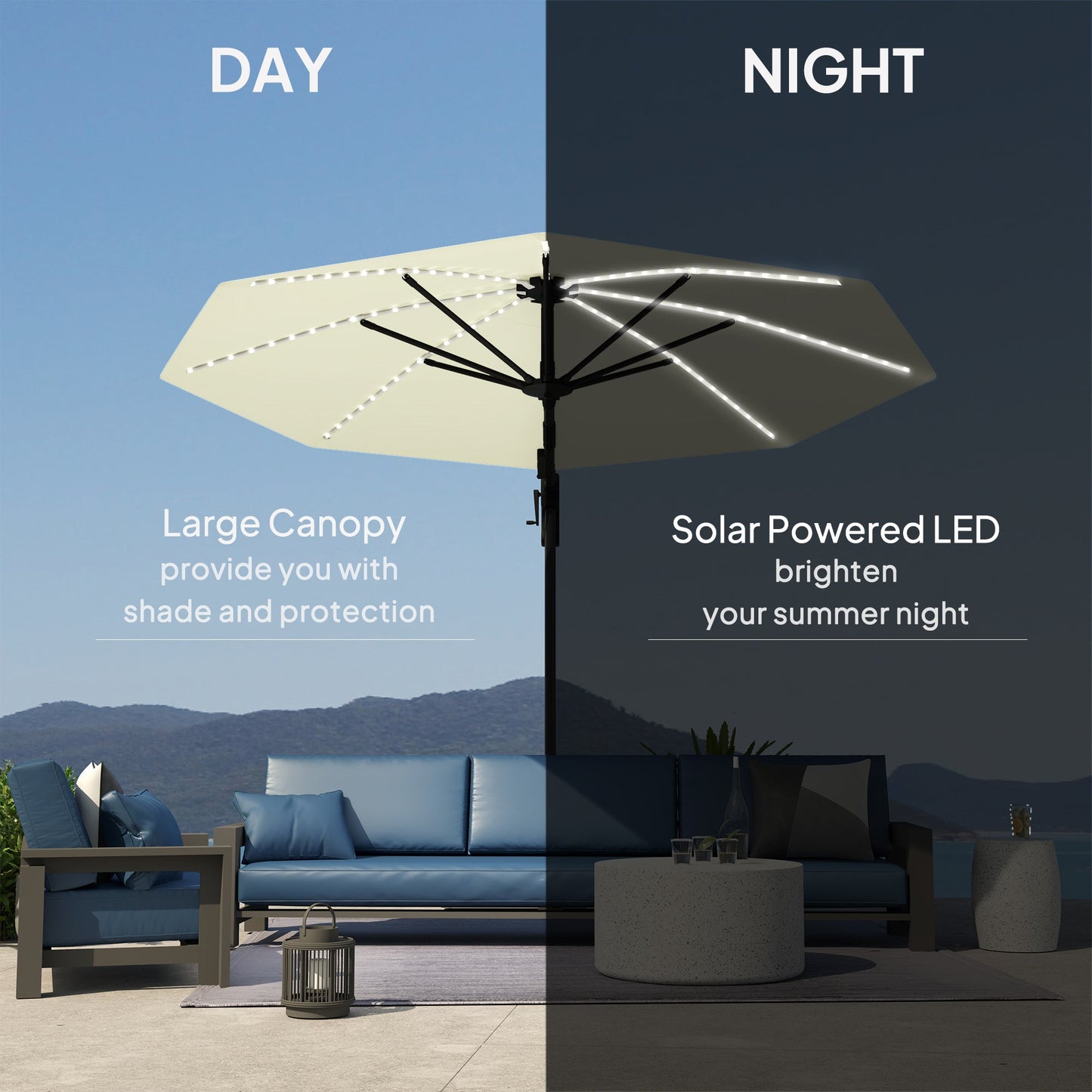 3(m) Cantilever Garden Parasol with Solar Powered Lights, Crank Handle & Cross Base, UPF 50+, 360° Rotation, Overhanging Patio Umbrella for Patio Market, Cream