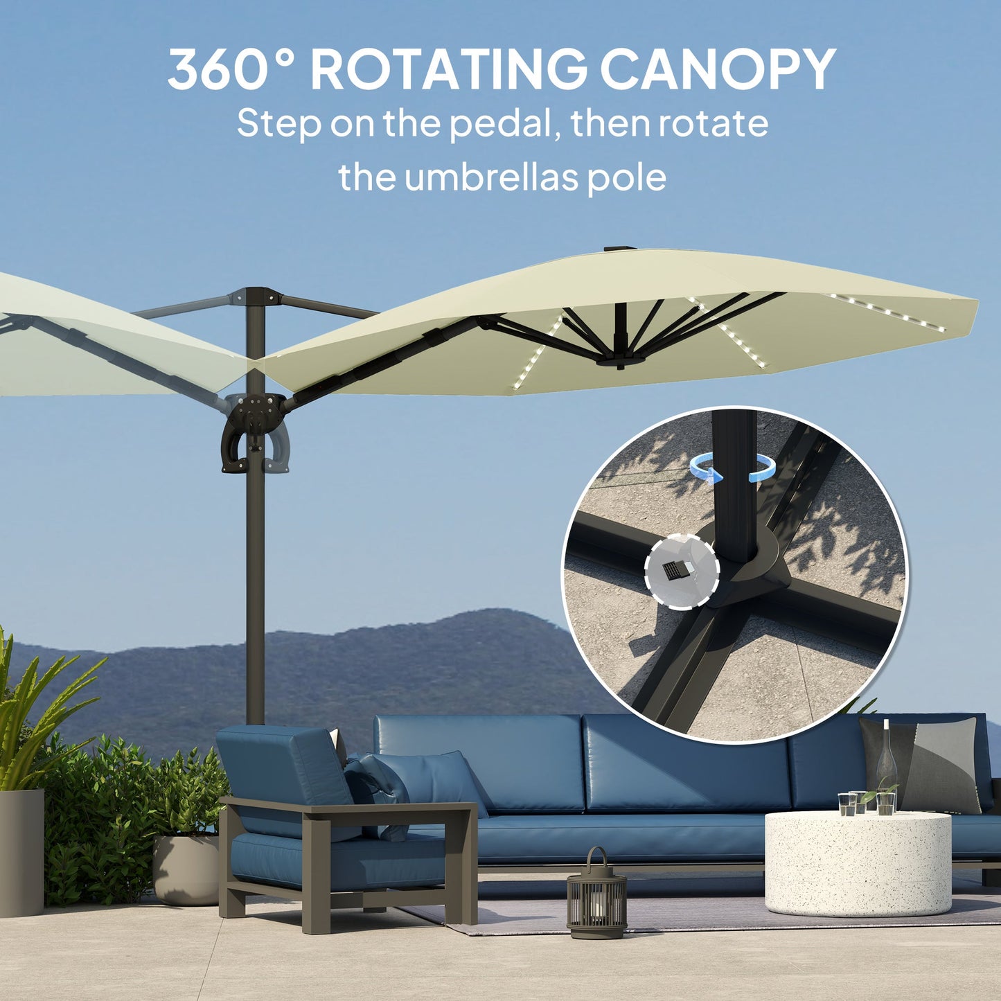 3(m) Cantilever Garden Parasol with Solar Powered Lights, Crank Handle & Cross Base, UPF 50+, 360° Rotation, Overhanging Patio Umbrella for Patio Market, Cream