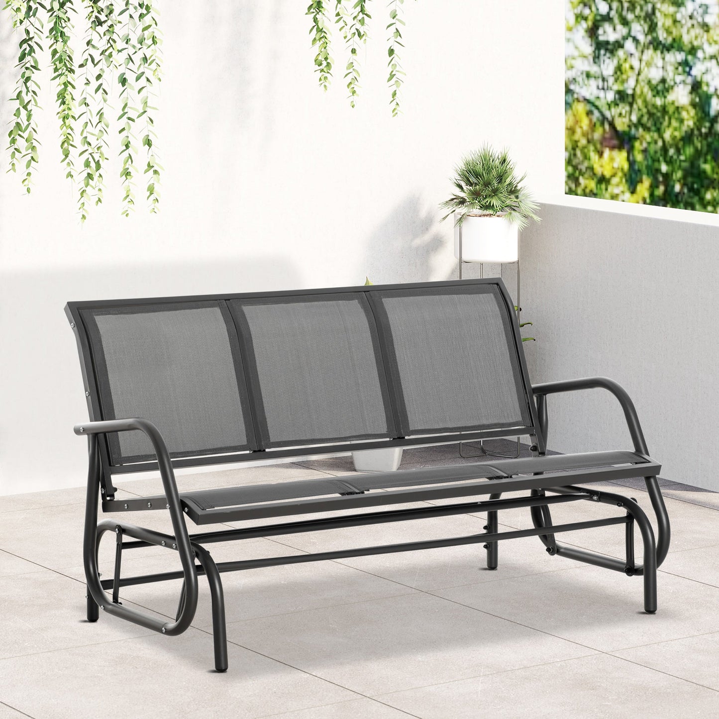 3-Seat Glider Rocking Chair for 3 People Garden Bench Patio Furniture Metal Frame, Grey