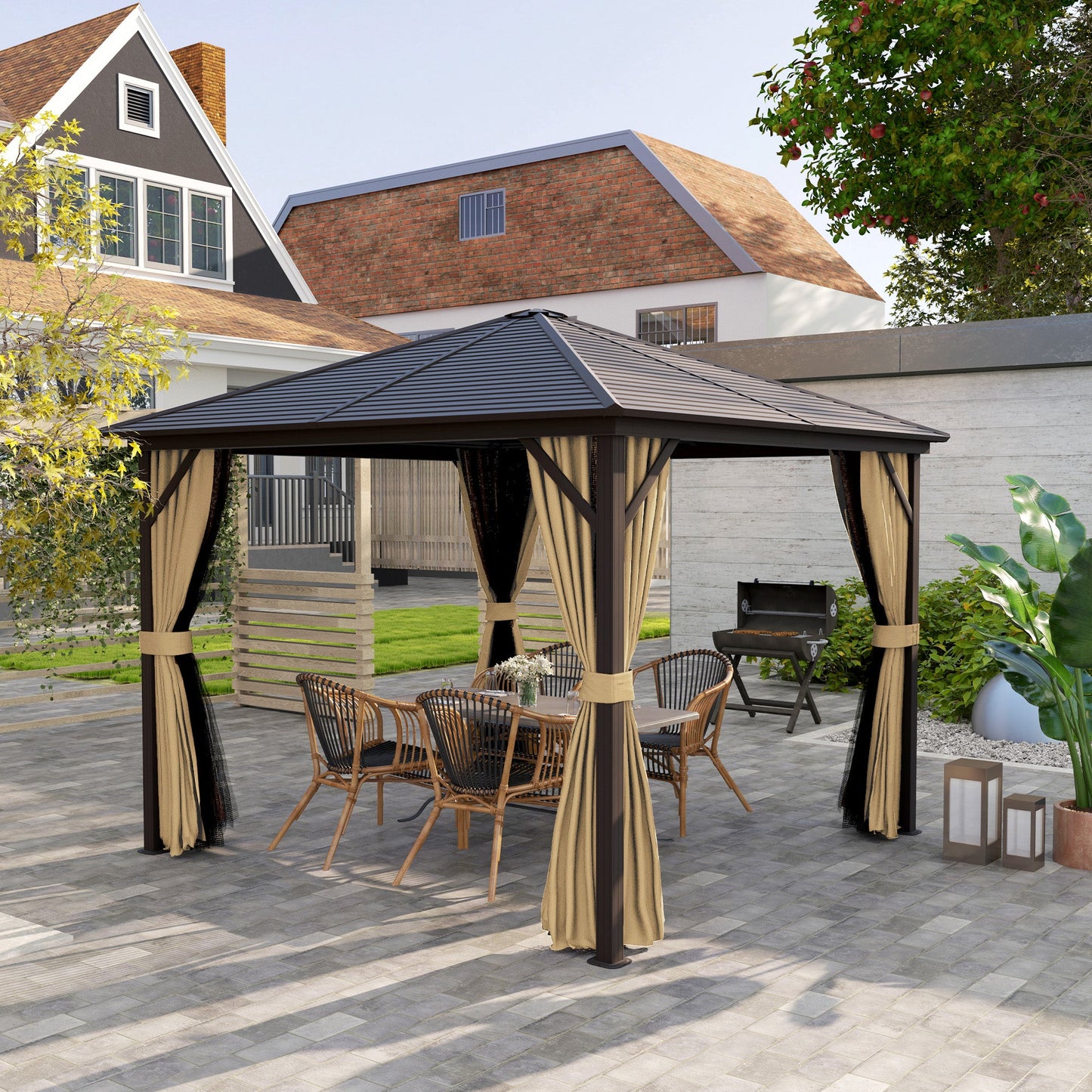 3 x 3 m Hardtop Gazebo with Netting and Curtains, Garden Gazebo Canopy Shelter with Metal Roof, Aluminium Frame, for Garden, Deck, Bronze Tone