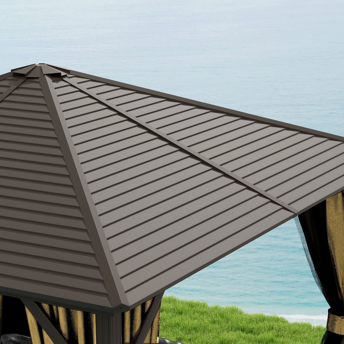 3 x 3 m Hardtop Gazebo with Netting and Curtains, Garden Gazebo Canopy Shelter with Metal Roof, Aluminium Frame, for Garden, Deck, Bronze Tone