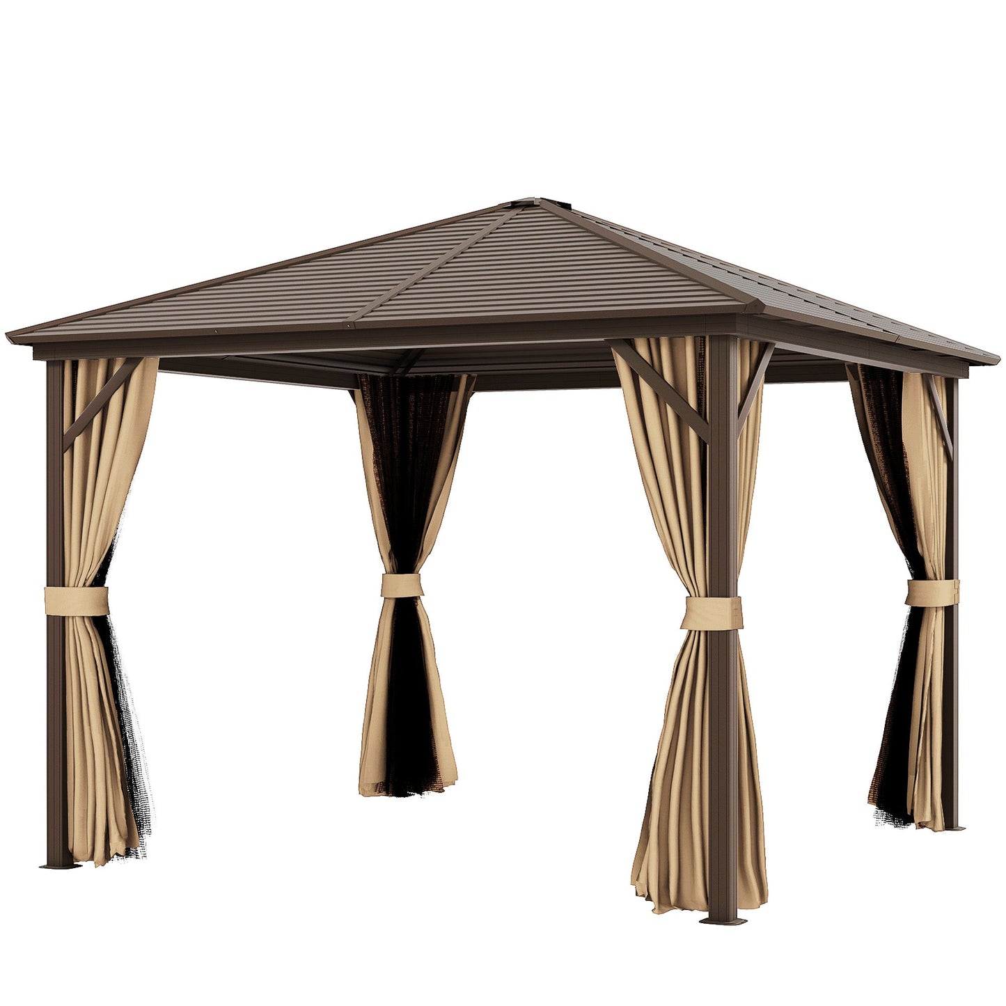3 x 3 m Hardtop Gazebo with Netting and Curtains, Garden Gazebo Canopy Shelter with Metal Roof, Aluminium Frame, for Garden, Deck, Bronze Tone