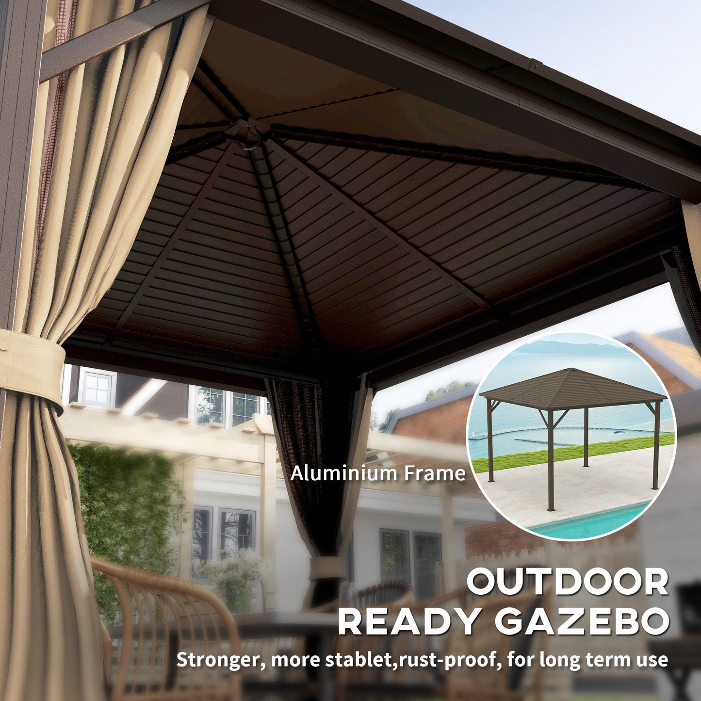 3 x 3 m Hardtop Gazebo with Netting and Curtains, Garden Gazebo Canopy Shelter with Metal Roof, Aluminium Frame, for Garden, Deck, Bronze Tone