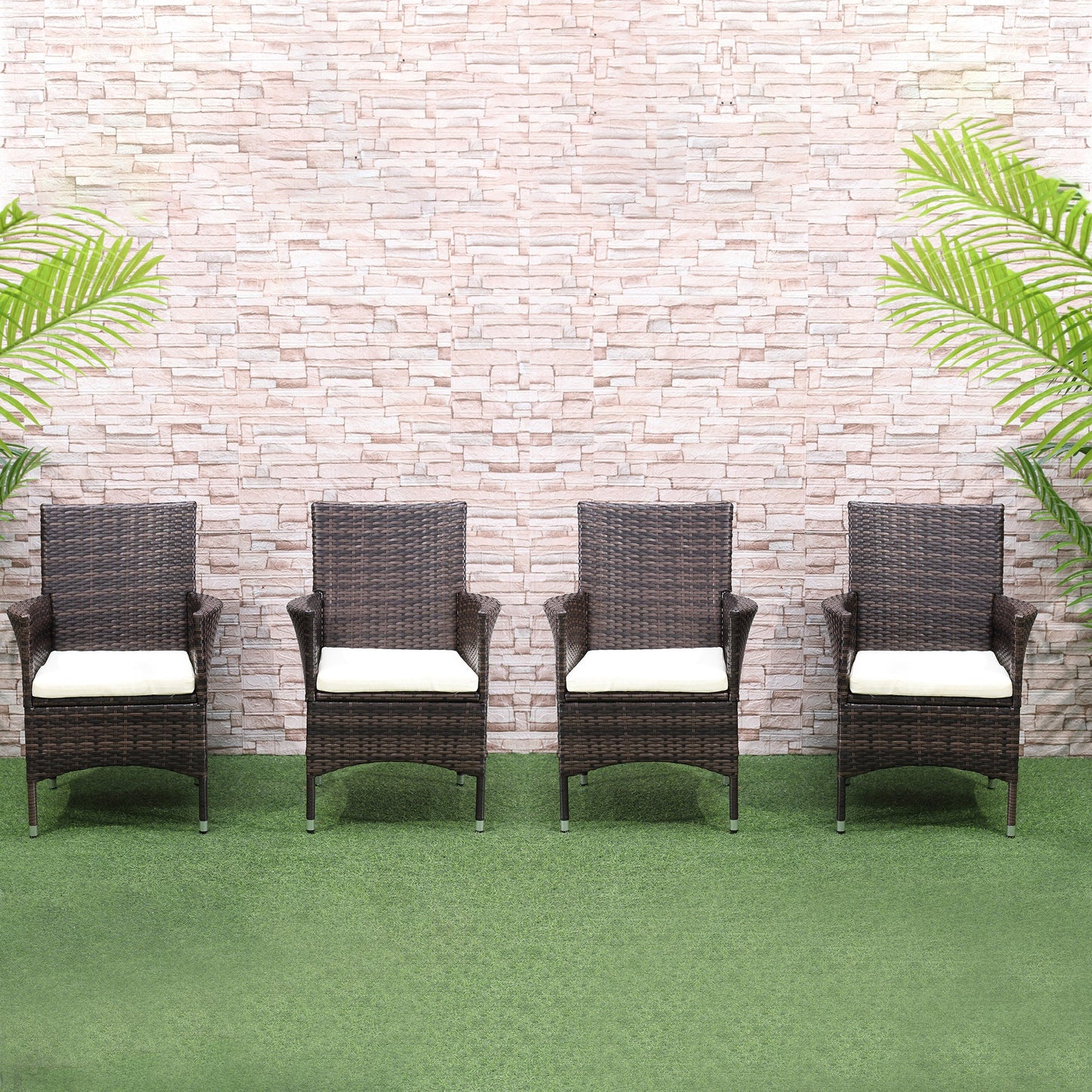 4 Pieces Outdoor PE Rattan Dining Chairs Set with Cushion, Garden Armchair with Armrests, High Backrest, Metal Frame Patio Wicker Furniture, Deep Coffee