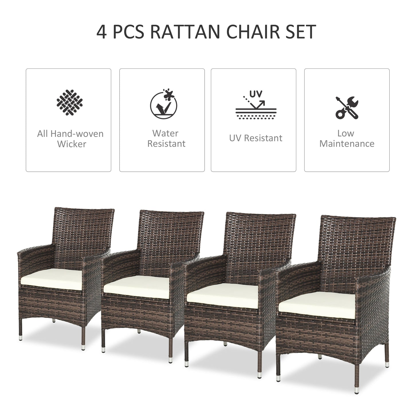 4 Pieces Outdoor PE Rattan Dining Chairs Set with Cushion, Garden Armchair with Armrests, High Backrest, Metal Frame Patio Wicker Furniture, Deep Coffee