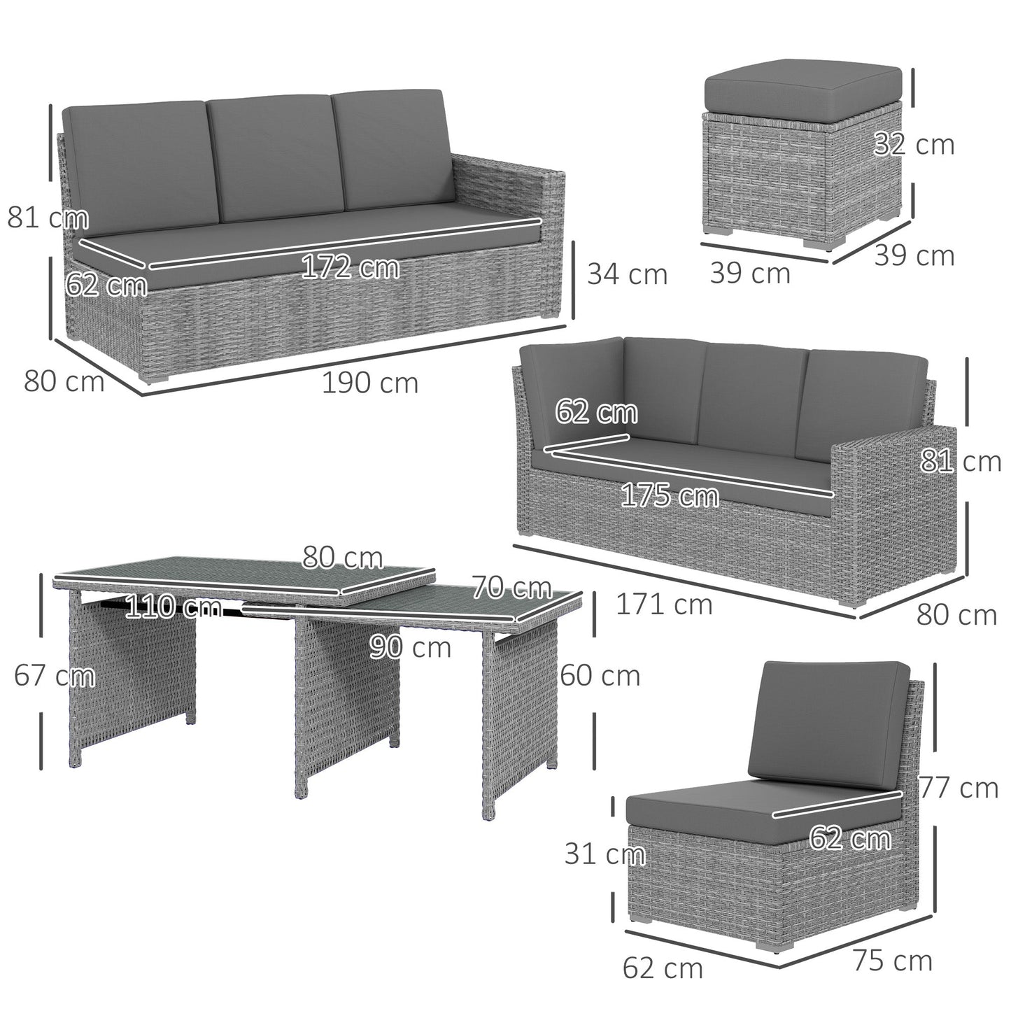 10 Seater Rattan Dining Set with Expandable Table and Nesting Chairs, Rattan Garden Furniture Set with Cushions, Outdoor Dining Table and Chairs, Sectional Corner Sofa Set, Light Grey