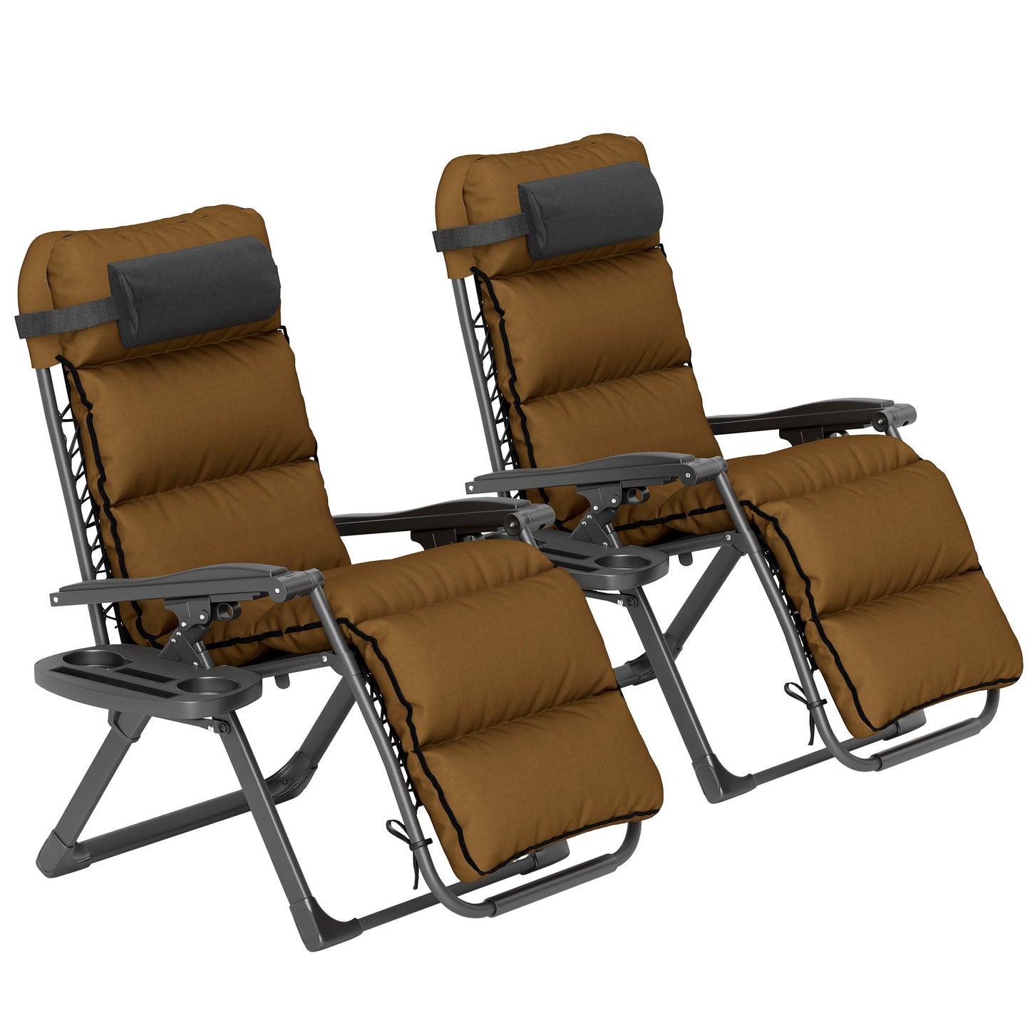 Zero Gravity Chairs Set of 2, Folding Reclining Garden Chair, Outdoor Sun Lounger with Cushion, Garden Recliner Chairs with Headrest and Cup Phone Holder Tray for Beach, Brown