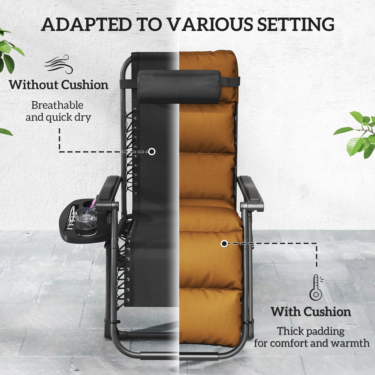Zero Gravity Chairs Set of 2, Folding Reclining Garden Chair, Outdoor Sun Lounger with Cushion, Garden Recliner Chairs with Headrest and Cup Phone Holder Tray for Beach, Brown