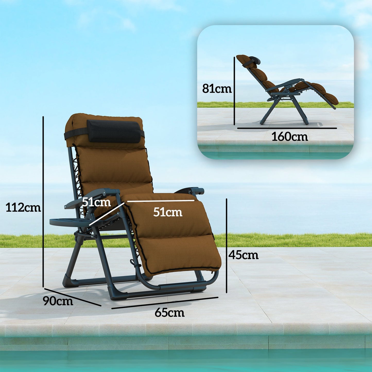 Zero Gravity Chairs Set of 2, Folding Reclining Garden Chair, Outdoor Sun Lounger with Cushion, Garden Recliner Chairs with Headrest and Cup Phone Holder Tray for Beach, Brown