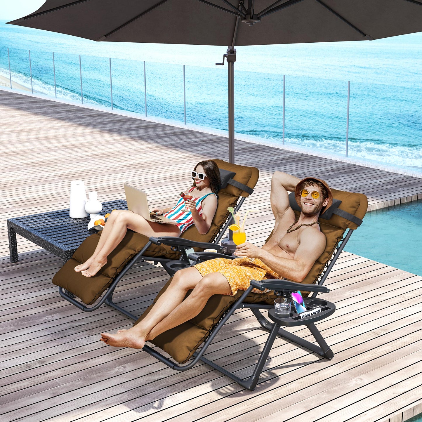 Zero Gravity Chairs Set of 2, Folding Reclining Garden Chair, Outdoor Sun Lounger with Cushion, Garden Recliner Chairs with Headrest and Cup Phone Holder Tray for Beach, Brown
