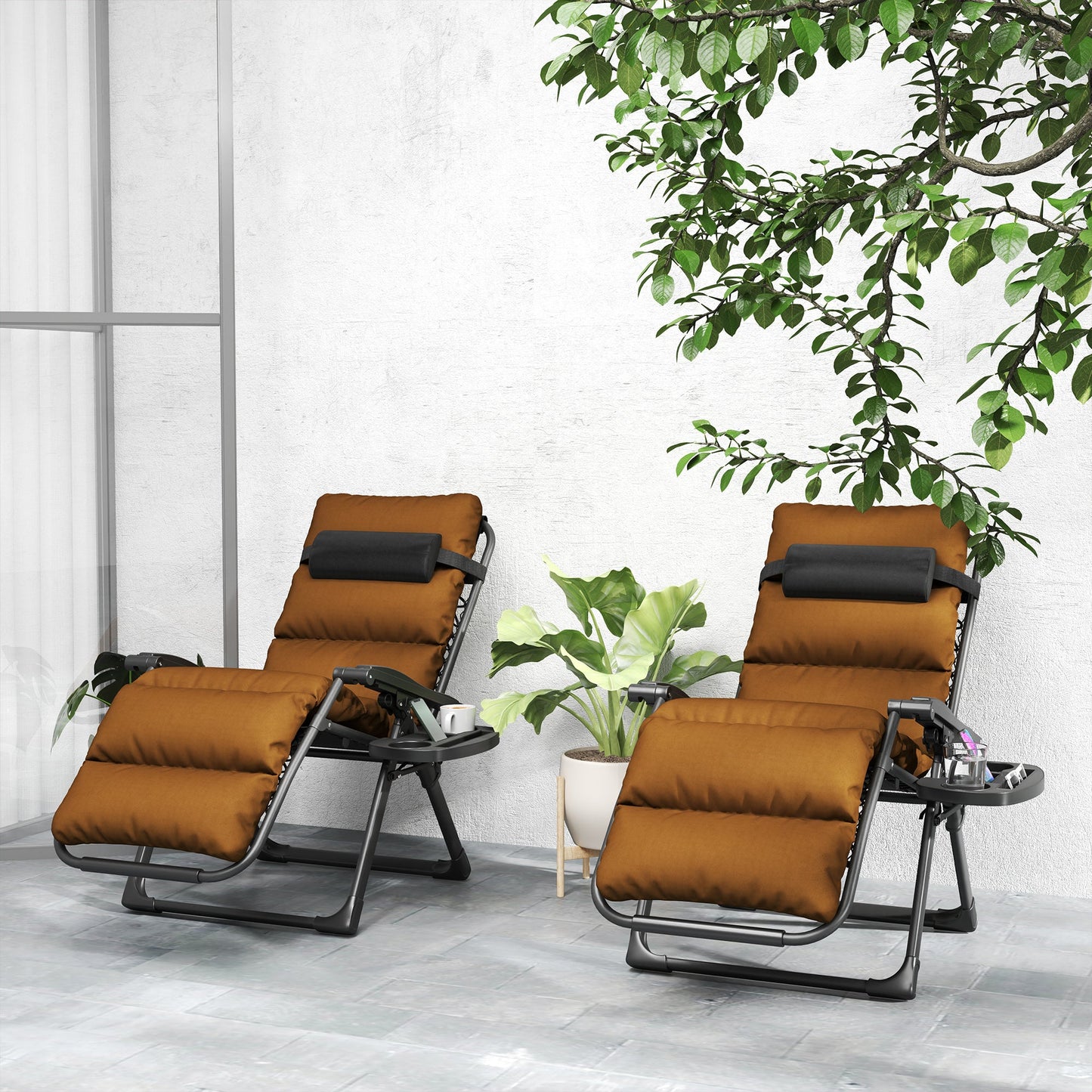 Zero Gravity Chairs Set of 2, Folding Reclining Garden Chair, Outdoor Sun Lounger with Cushion, Garden Recliner Chairs with Headrest and Cup Phone Holder Tray for Beach, Brown