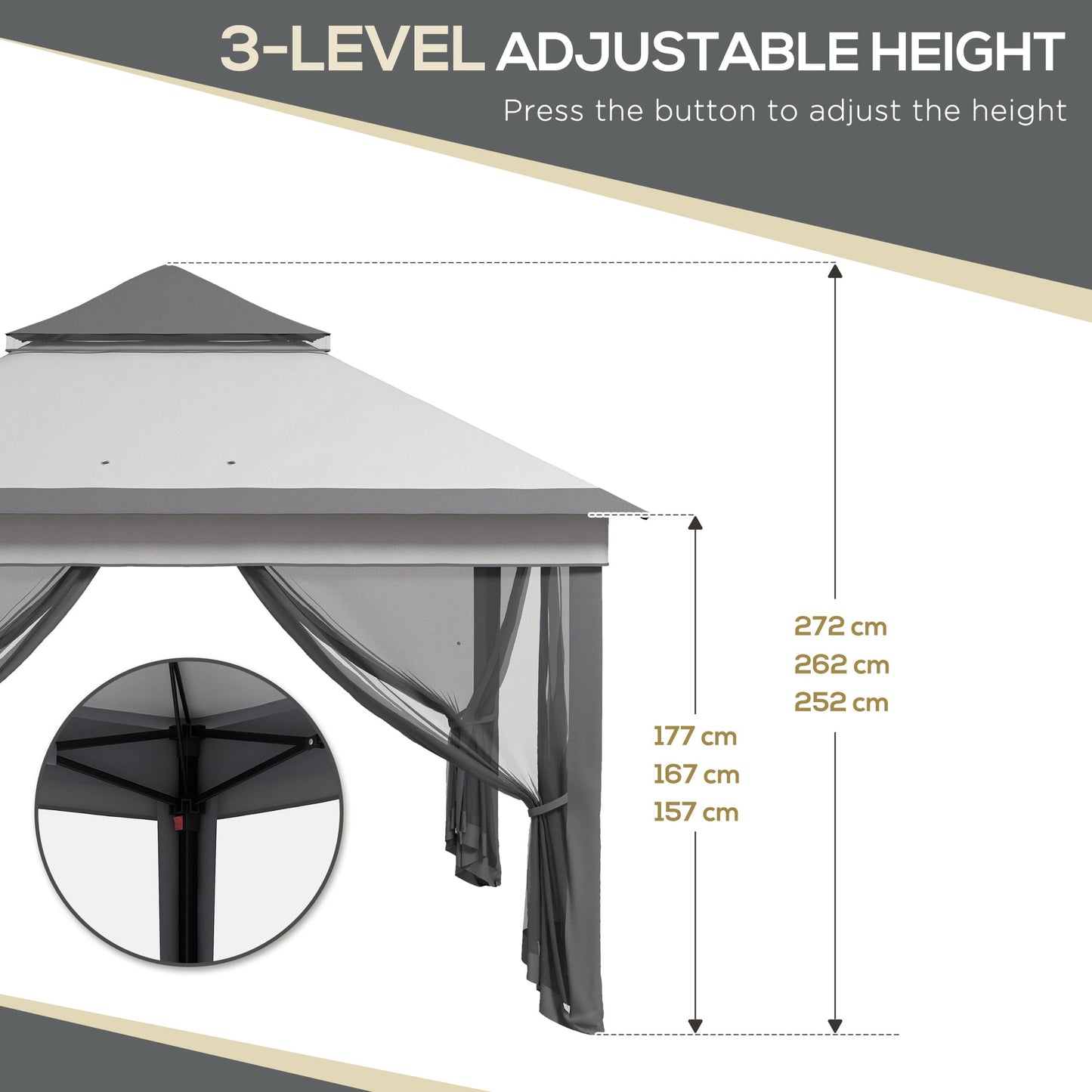 3 x 3(m) Pop Up Gazebo with Netting and Carrying Bag, Party Tent Instant Event Shelter, Height Adjustable and UV-Resistant, for Garden, Patio, Grey