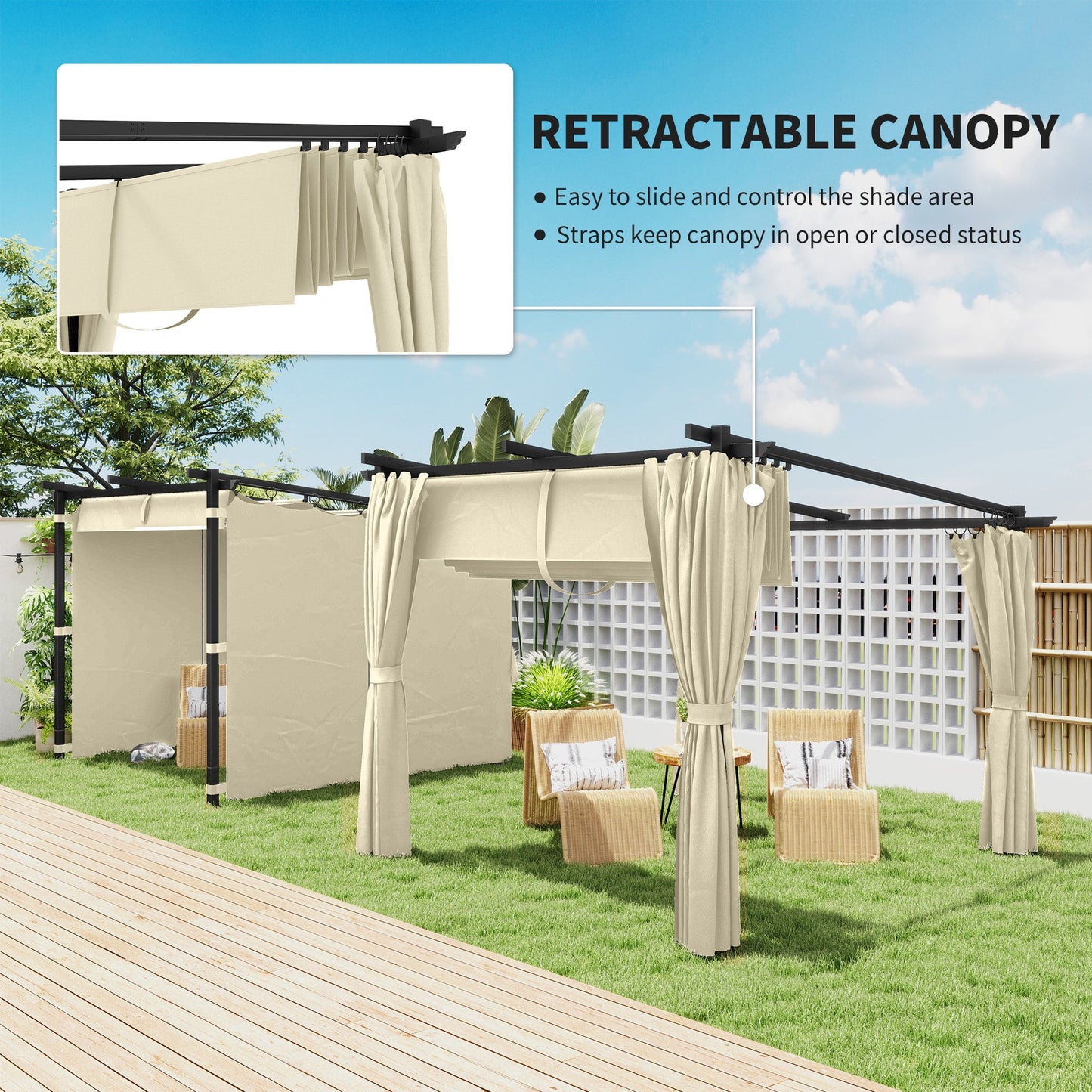 3 x 3(m) Metal Pergola with Retractable Roof and Sidewalls, Garden Gazebo UPF30+ Sun Shade Shelter for Outdoor, Patio, Deck, Beige