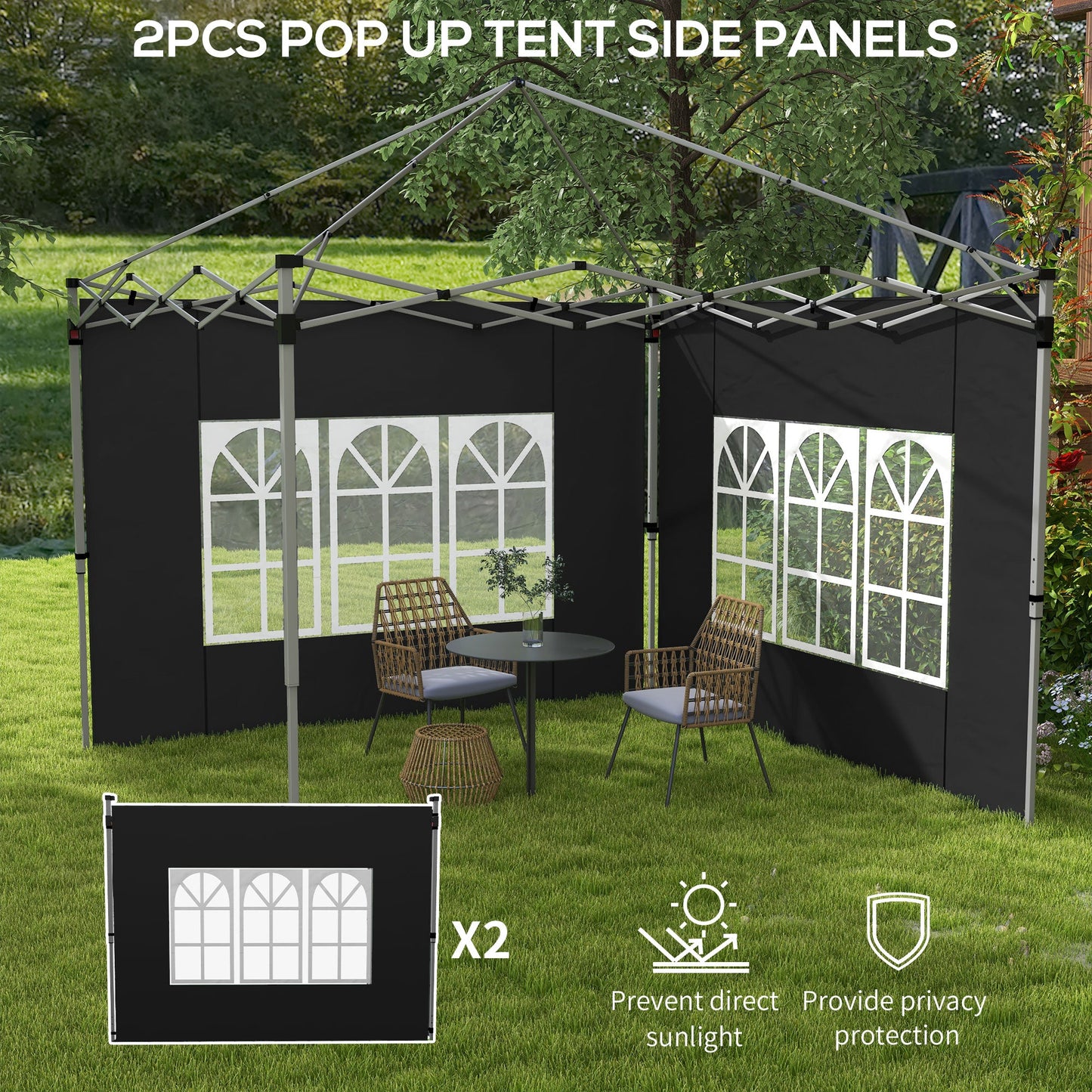 Gazebo Side Panels with Window for 3x3(m) or 3x4m Pop Up Gazebo, 2 Pack Sides Replacement, Black