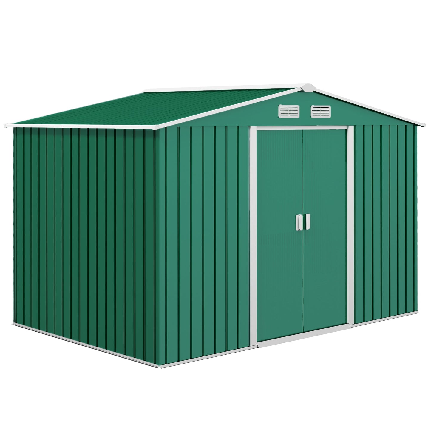 9 x 6ft Metal Garden Shed, Outdoor Storage Tool House with Ventilation Slots, Foundation Kit and Lockable Double Doors, Green