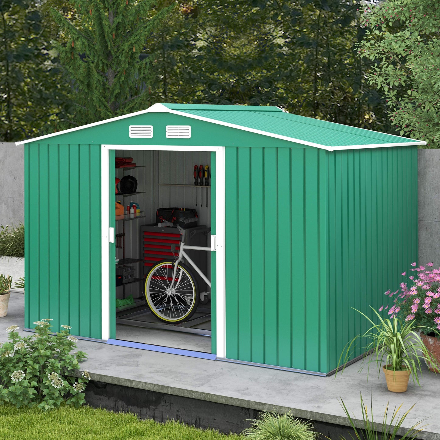 9 x 6ft Metal Garden Shed, Outdoor Storage Tool House with Ventilation Slots, Foundation Kit and Lockable Double Doors, Green