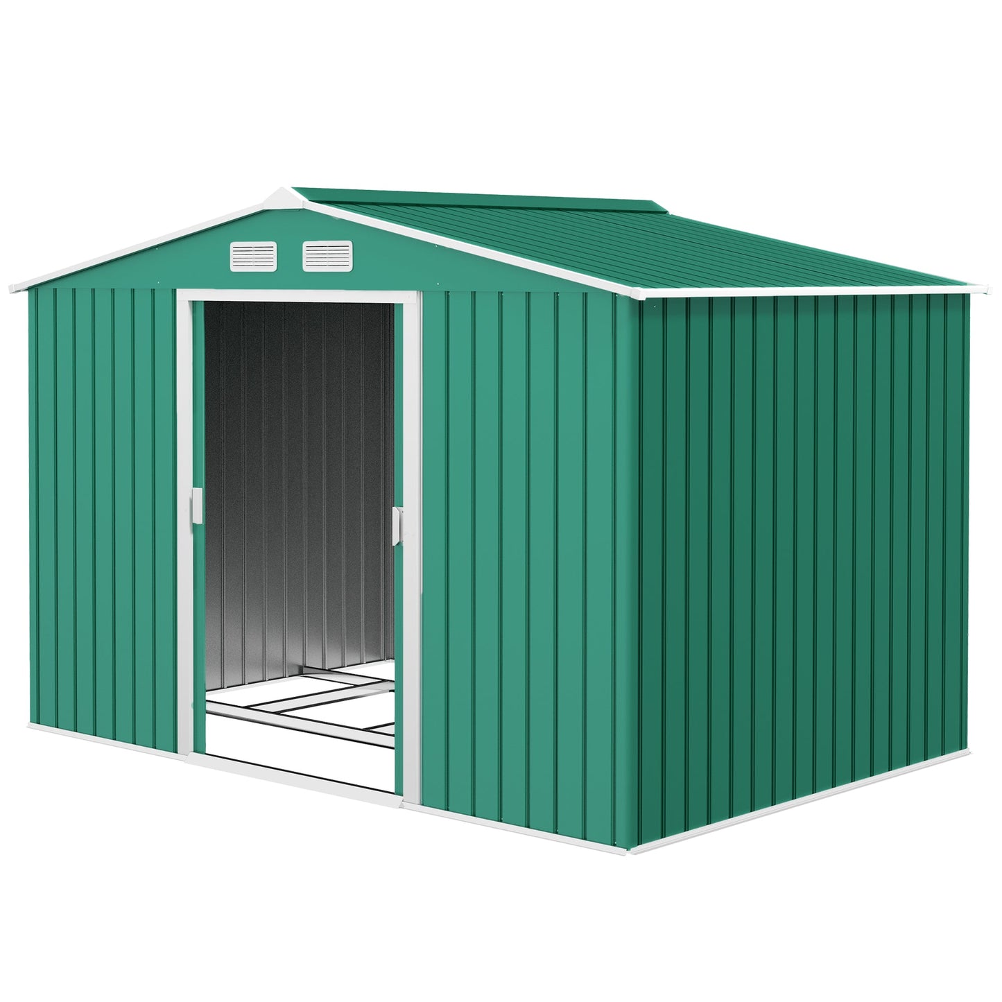 9 x 6ft Metal Garden Shed, Outdoor Storage Tool House with Ventilation Slots, Foundation Kit and Lockable Double Doors, Green