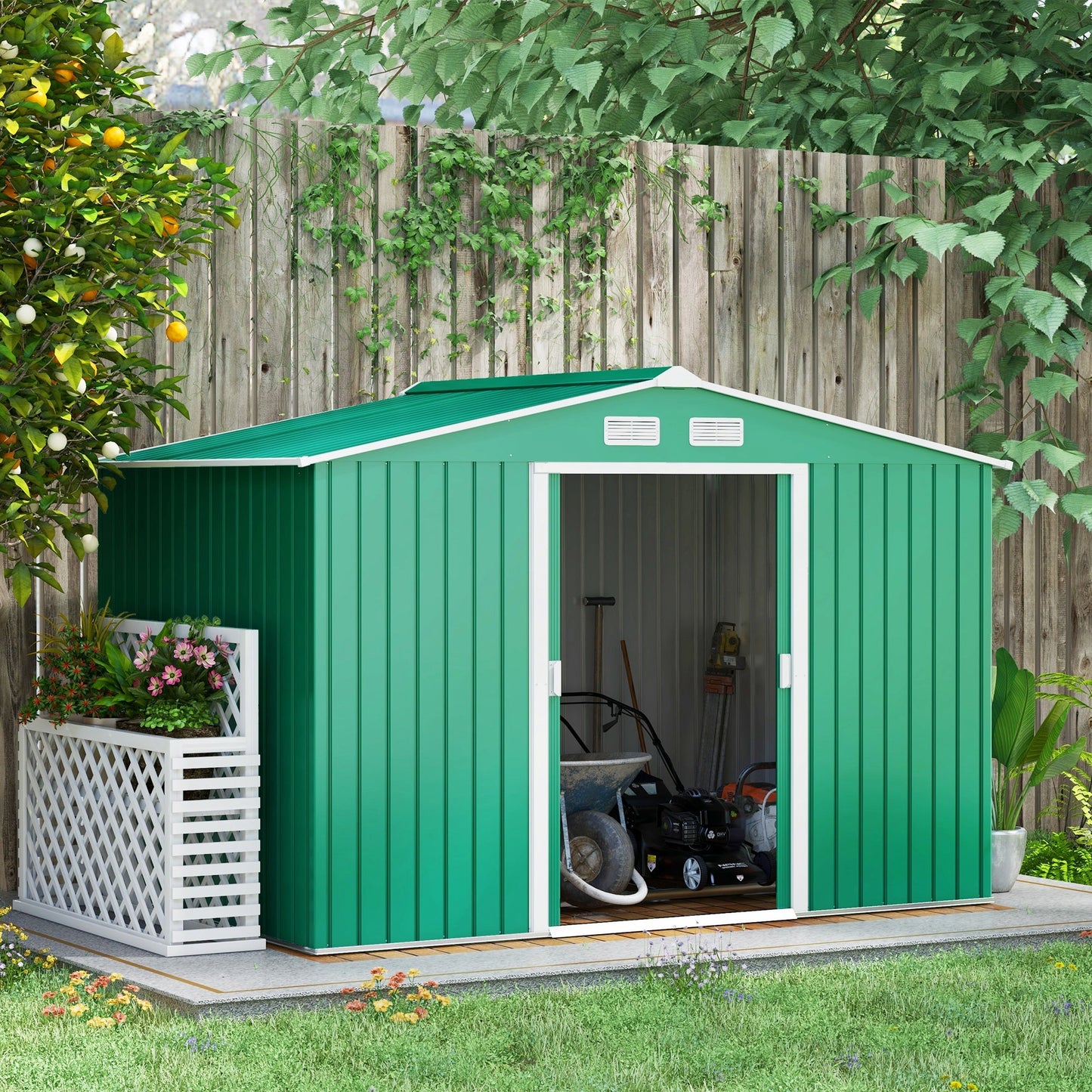 9 x 6ft Metal Garden Shed, Outdoor Storage Tool House with Ventilation Slots, Foundation Kit and Lockable Double Doors, Green