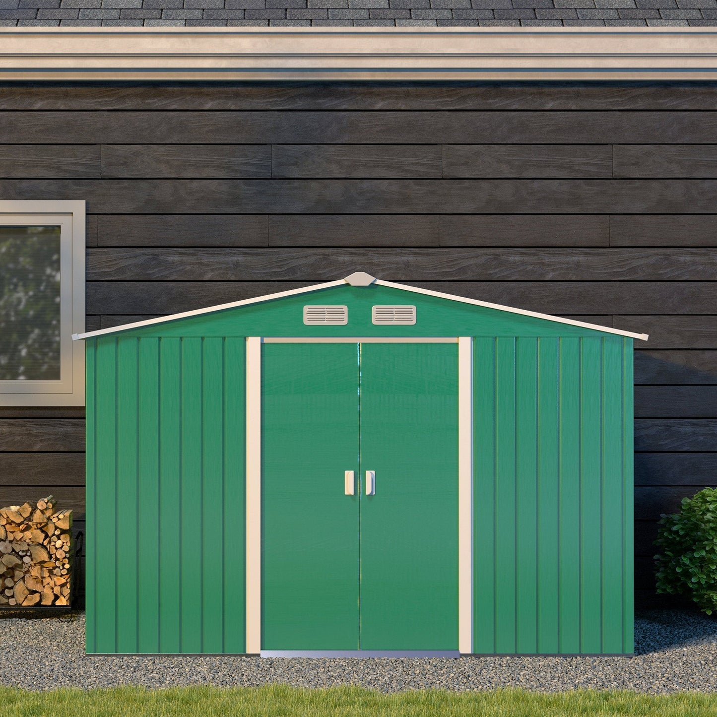 9 x 6ft Metal Garden Shed, Outdoor Storage Tool House with Ventilation Slots, Foundation Kit and Lockable Double Doors, Green