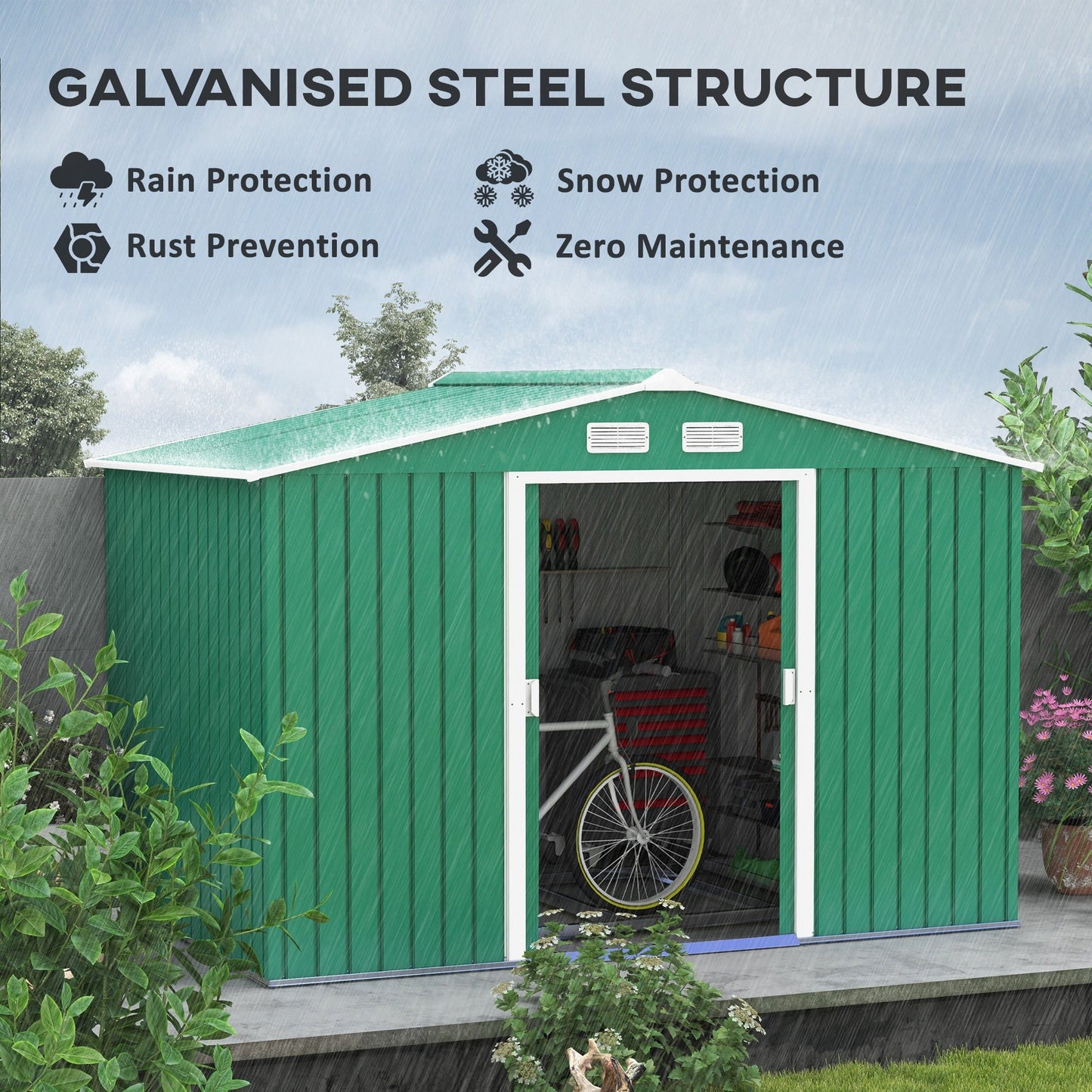 9 x 6ft Metal Garden Shed, Outdoor Storage Tool House with Ventilation Slots, Foundation Kit and Lockable Double Doors, Green