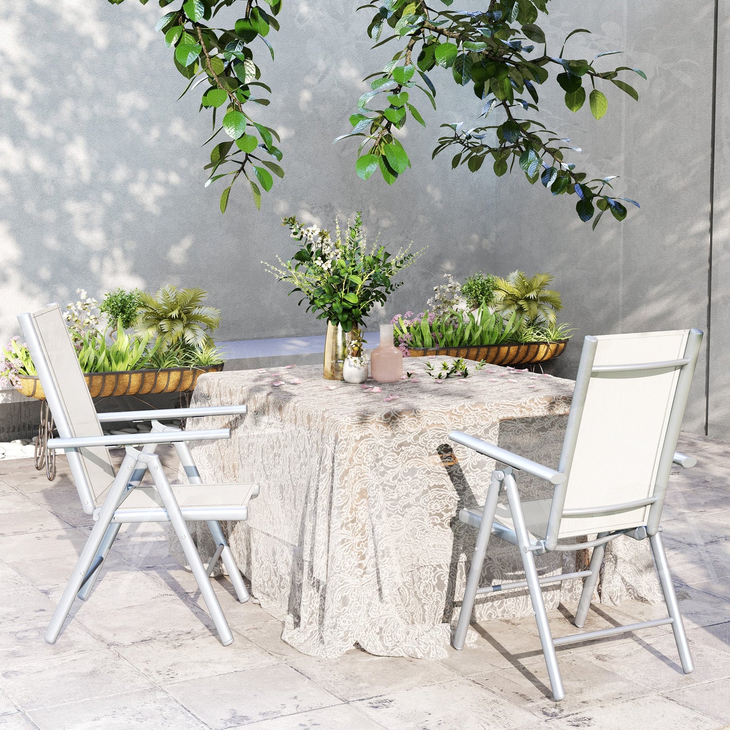Set of 2 Folding Chair, Aluminium Frame Outdoor Camping Chairs with Breathable Mesh Back and Seat, Garden Chair Set with Armrests for Balcony, Light Grey
