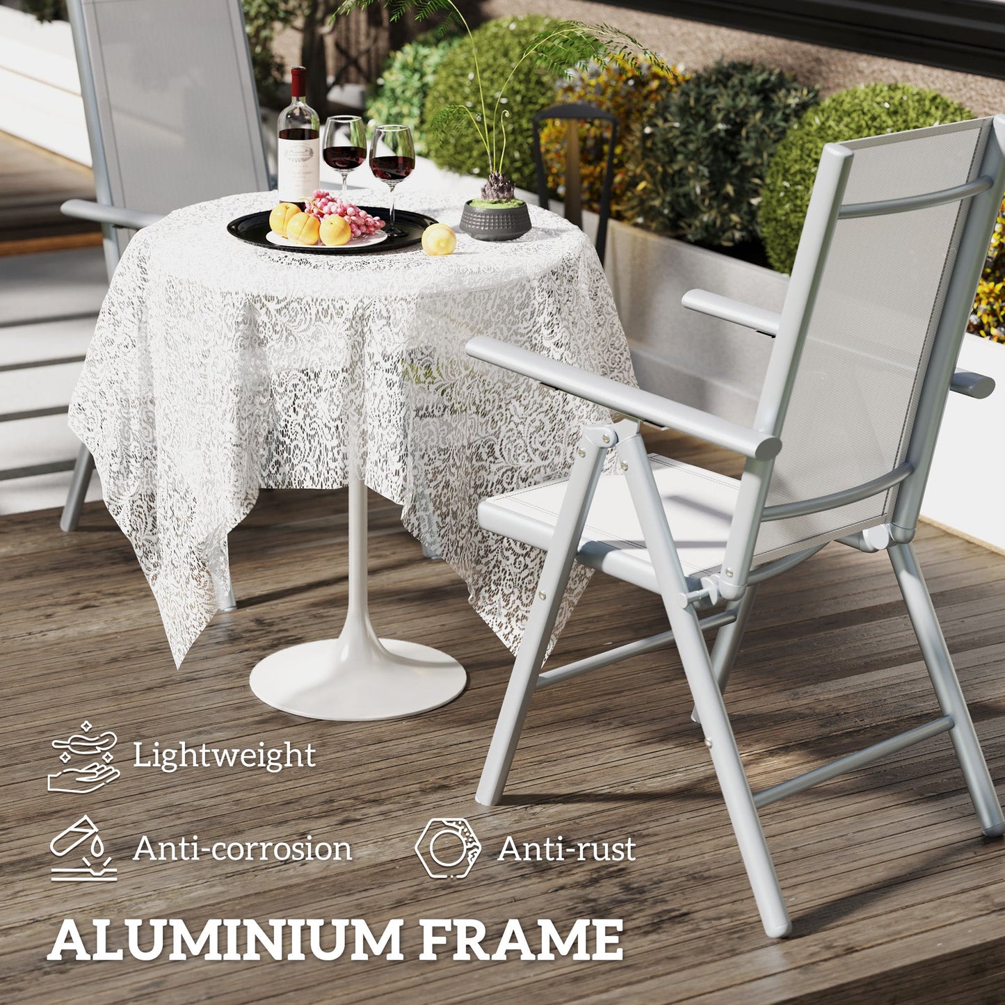 Set of 2 Folding Chair, Aluminium Frame Outdoor Camping Chairs with Breathable Mesh Back and Seat, Garden Chair Set with Armrests for Balcony, Light Grey