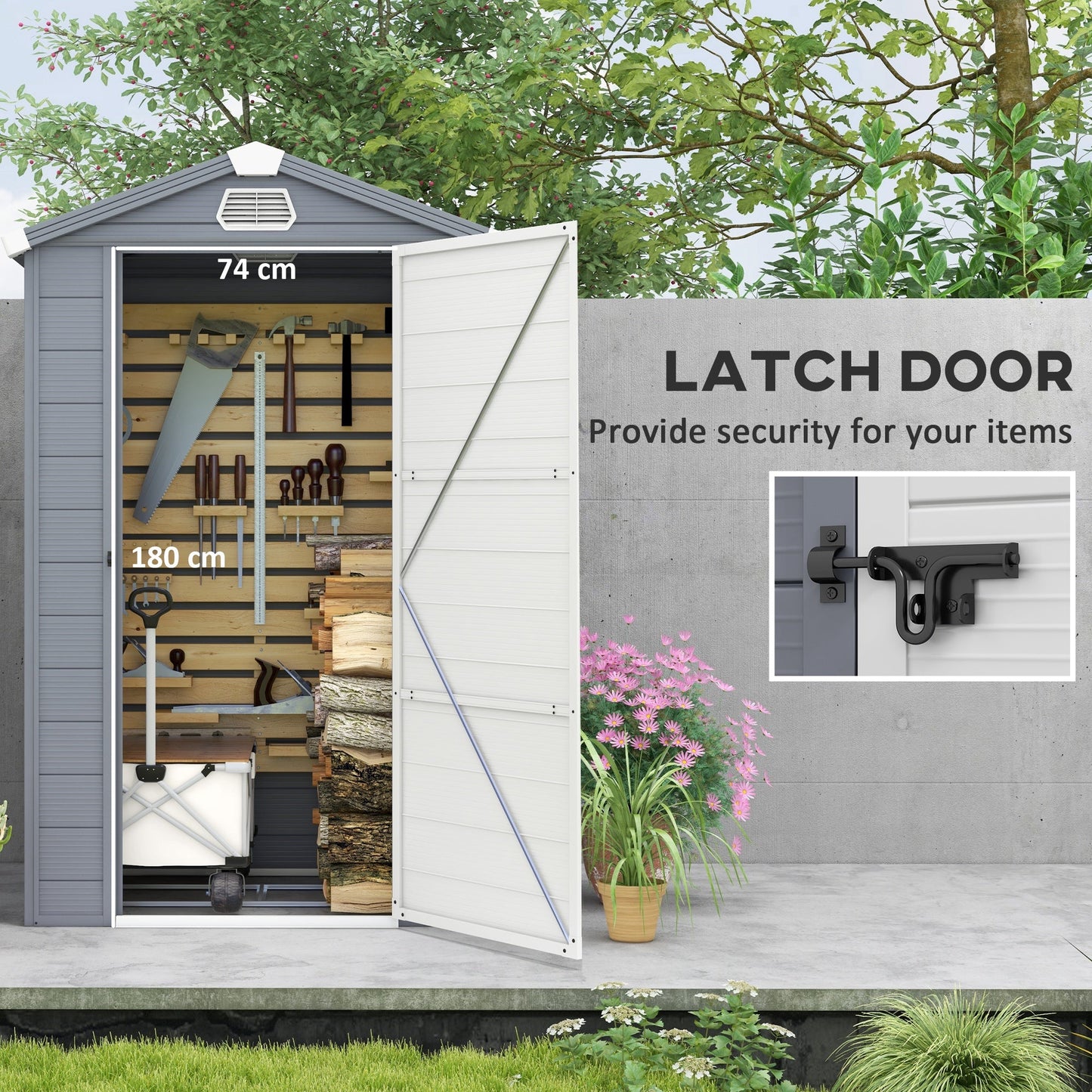 4 x 3ft Plastic Garden Storage Shed with Foundation Kit, Polypropylene Outdoor Storage Tool House with Ventilation Slots and Lockable Door, Grey