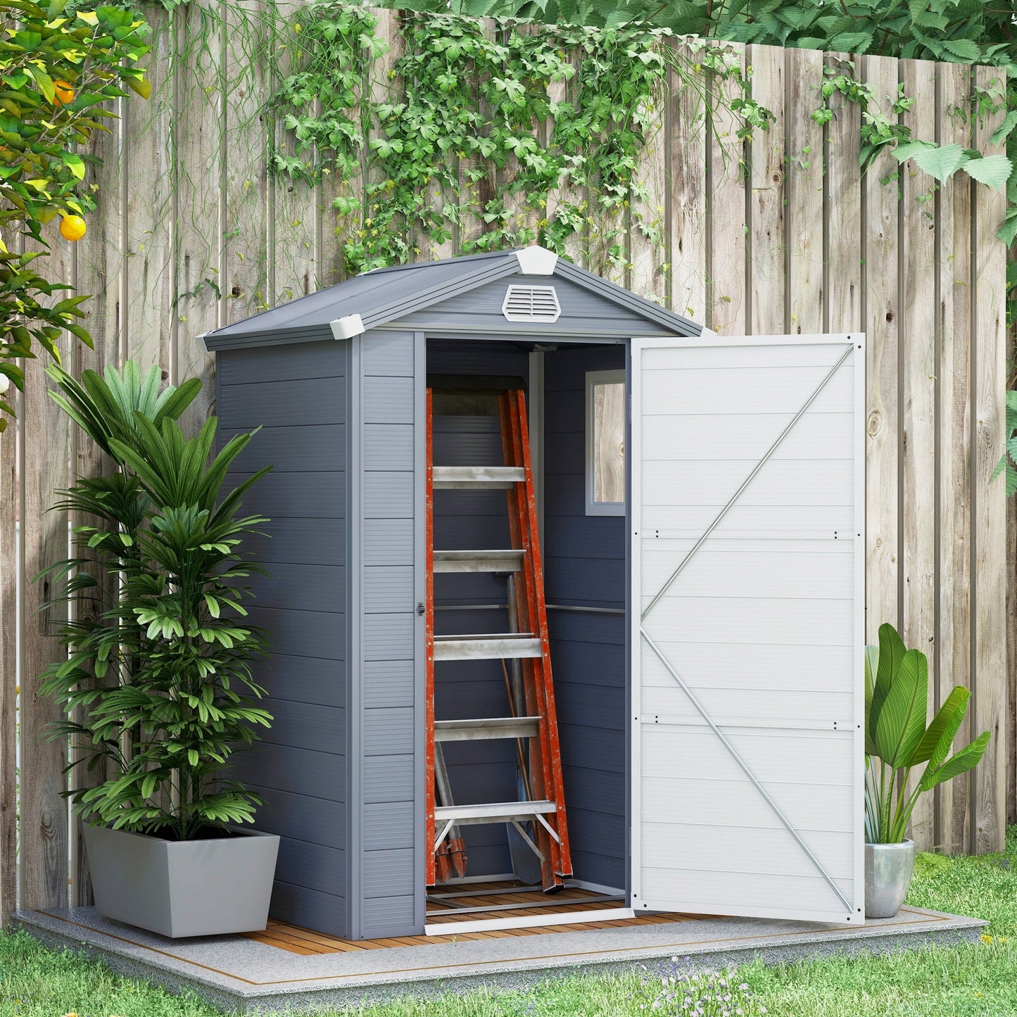 4 x 3ft Plastic Garden Storage Shed with Foundation Kit, Polypropylene Outdoor Storage Tool House with Ventilation Slots and Lockable Door, Grey