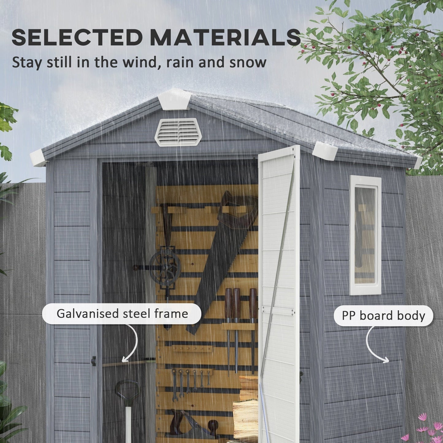 4 x 3ft Plastic Garden Storage Shed with Foundation Kit, Polypropylene Outdoor Storage Tool House with Ventilation Slots and Lockable Door, Grey