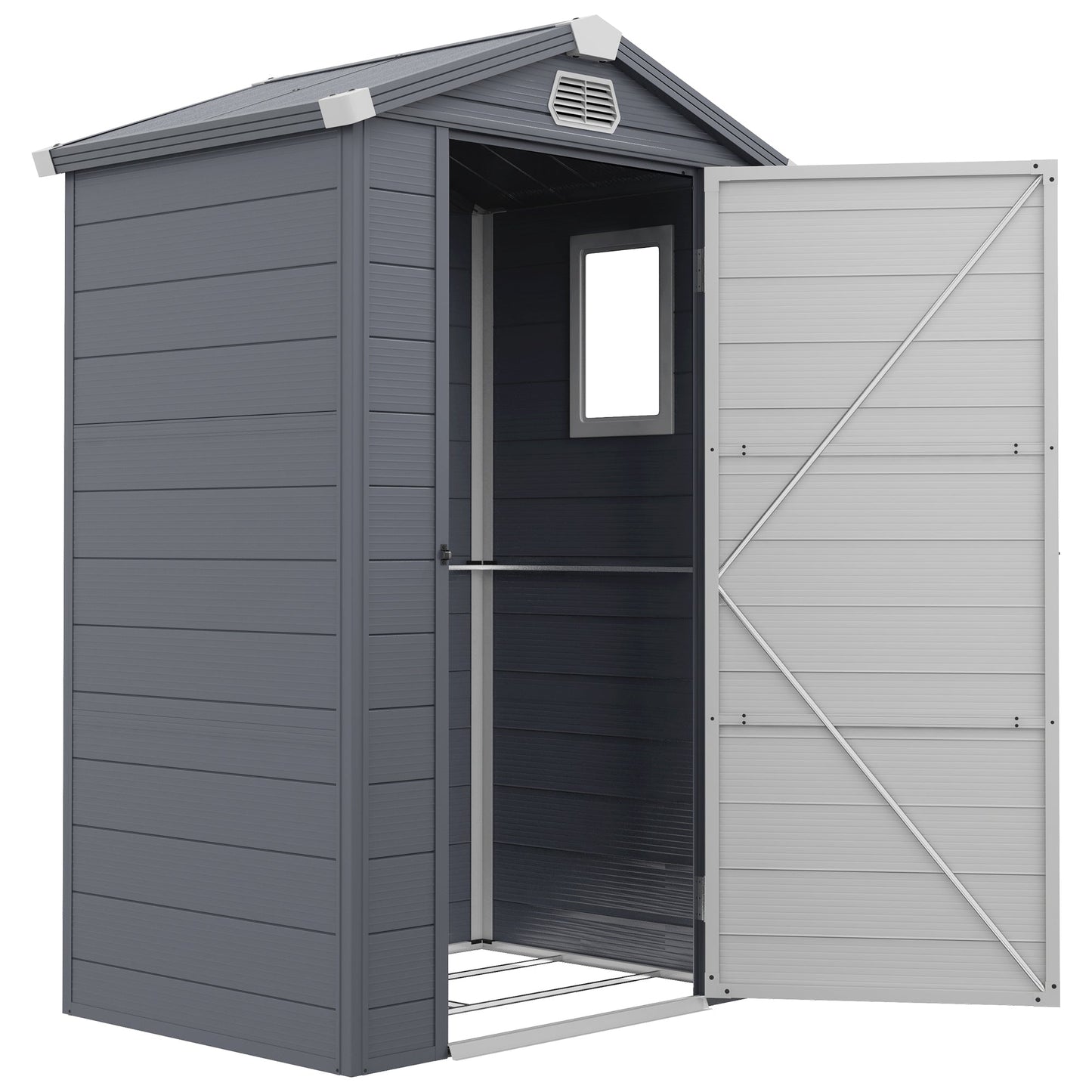 4 x 3ft Plastic Garden Storage Shed with Foundation Kit, Polypropylene Outdoor Storage Tool House with Ventilation Slots and Lockable Door, Grey