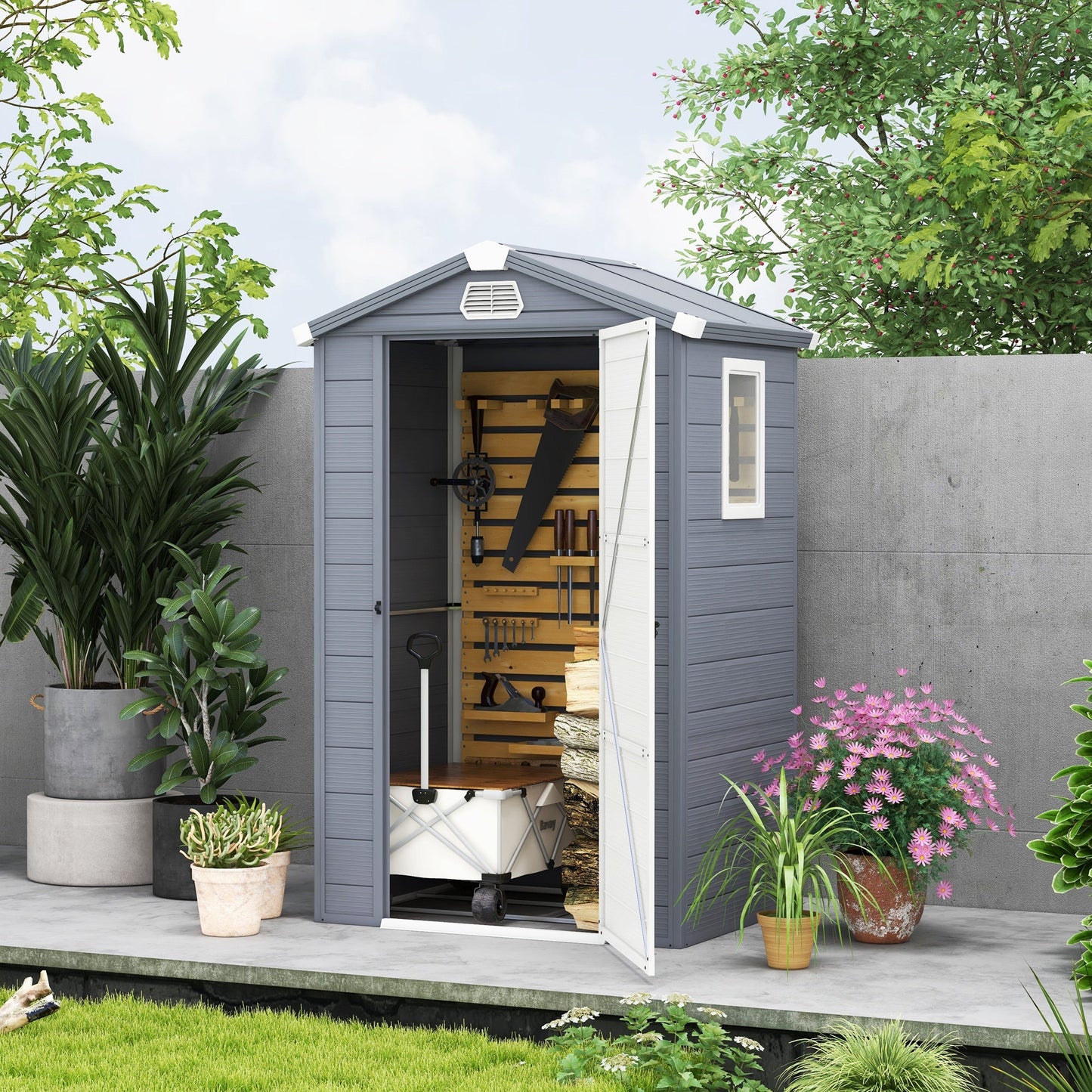4 x 3ft Plastic Garden Storage Shed with Foundation Kit, Polypropylene Outdoor Storage Tool House with Ventilation Slots and Lockable Door, Grey