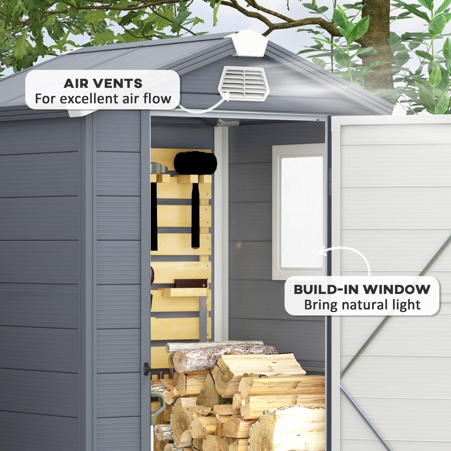 4 x 3ft Plastic Garden Storage Shed with Foundation Kit, Polypropylene Outdoor Storage Tool House with Ventilation Slots and Lockable Door, Grey