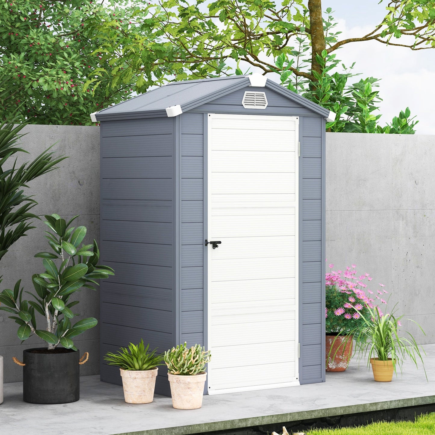 4 x 3ft Plastic Garden Storage Shed with Foundation Kit, Polypropylene Outdoor Storage Tool House with Ventilation Slots and Lockable Door, Grey