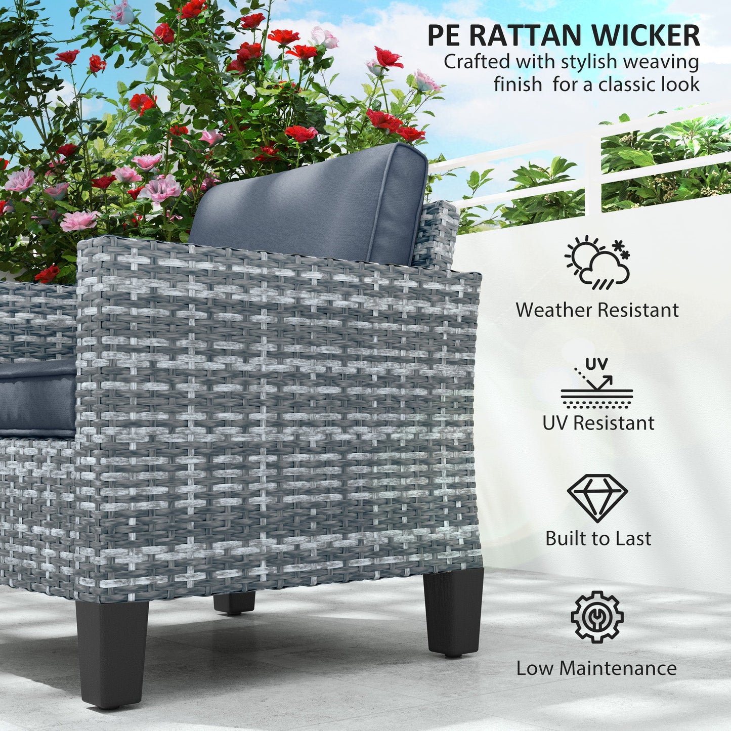 Single Seater Rattan Garden Armchair, PE Wicker Rattan Chair with Armrests and Cushions, Garden Chair with Galvanised Steel Frame for Conservatory, Porch, Light Grey