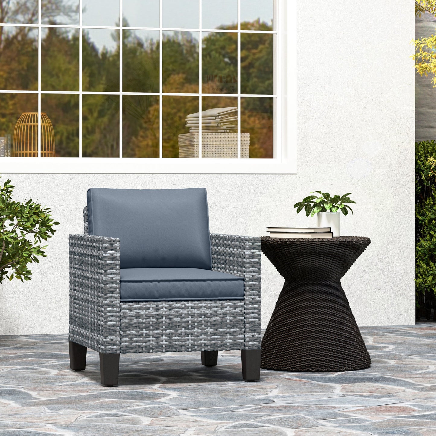 Single Seater Rattan Garden Armchair, PE Wicker Rattan Chair with Armrests and Cushions, Garden Chair with Galvanised Steel Frame for Conservatory, Porch, Light Grey