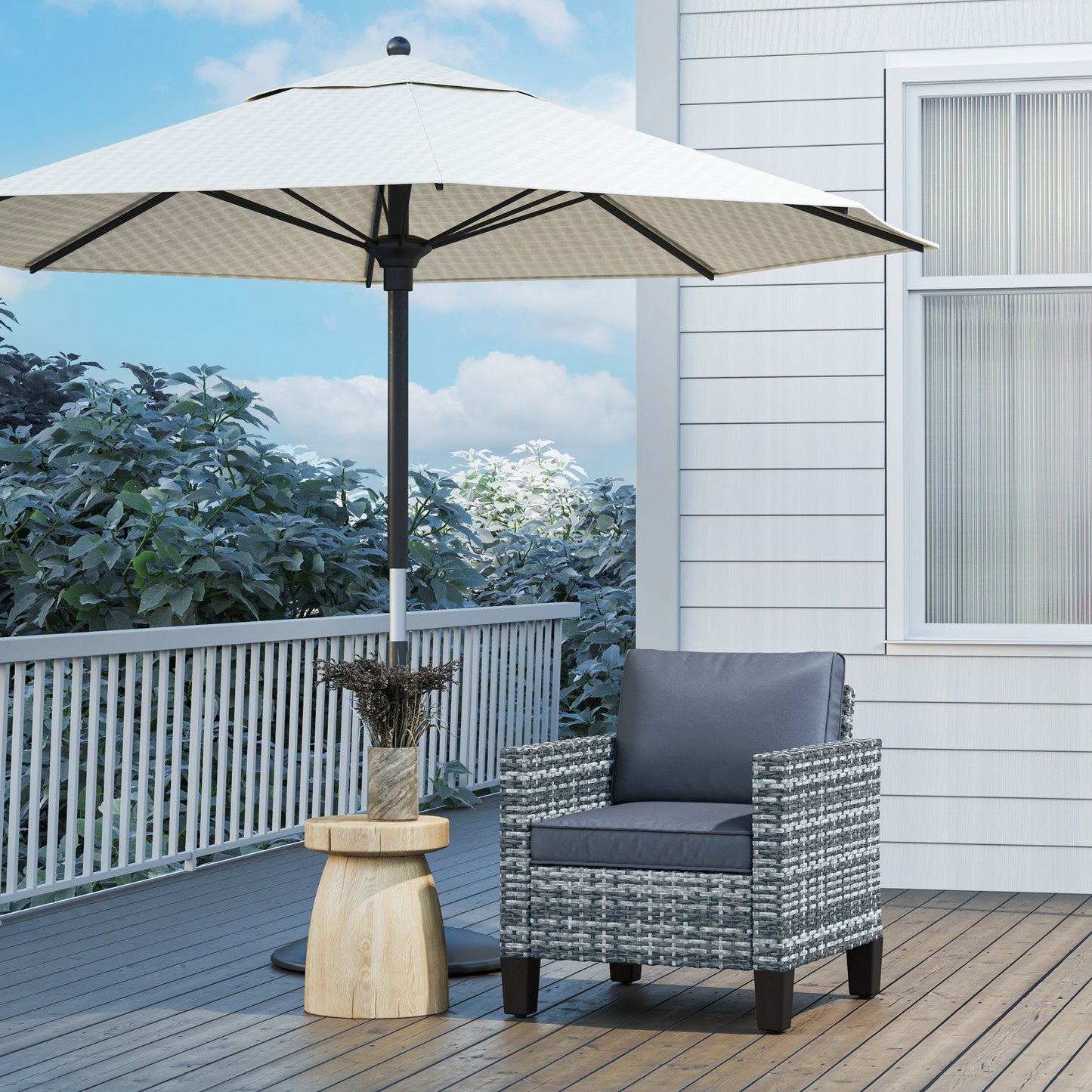 Single Seater Rattan Garden Armchair, PE Wicker Rattan Chair with Armrests and Cushions, Garden Chair with Galvanised Steel Frame for Conservatory, Porch, Light Grey