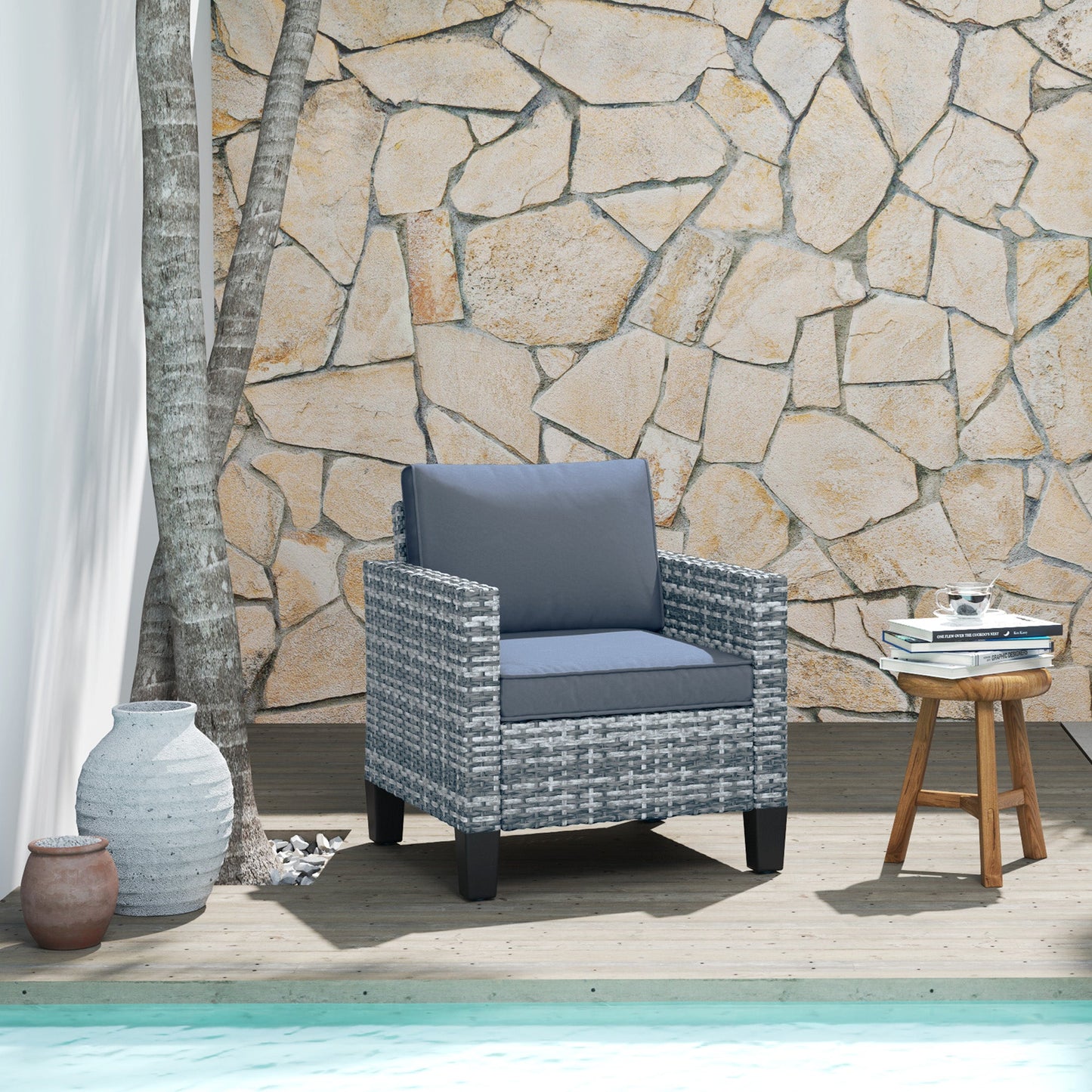Single Seater Rattan Garden Armchair, PE Wicker Rattan Chair with Armrests and Cushions, Garden Chair with Galvanised Steel Frame for Conservatory, Porch, Light Grey
