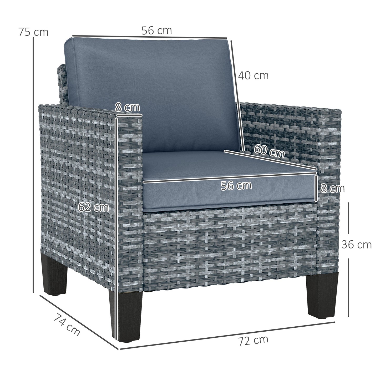 Single Seater Rattan Garden Armchair, PE Wicker Rattan Chair with Armrests and Cushions, Garden Chair with Galvanised Steel Frame for Conservatory, Porch, Light Grey
