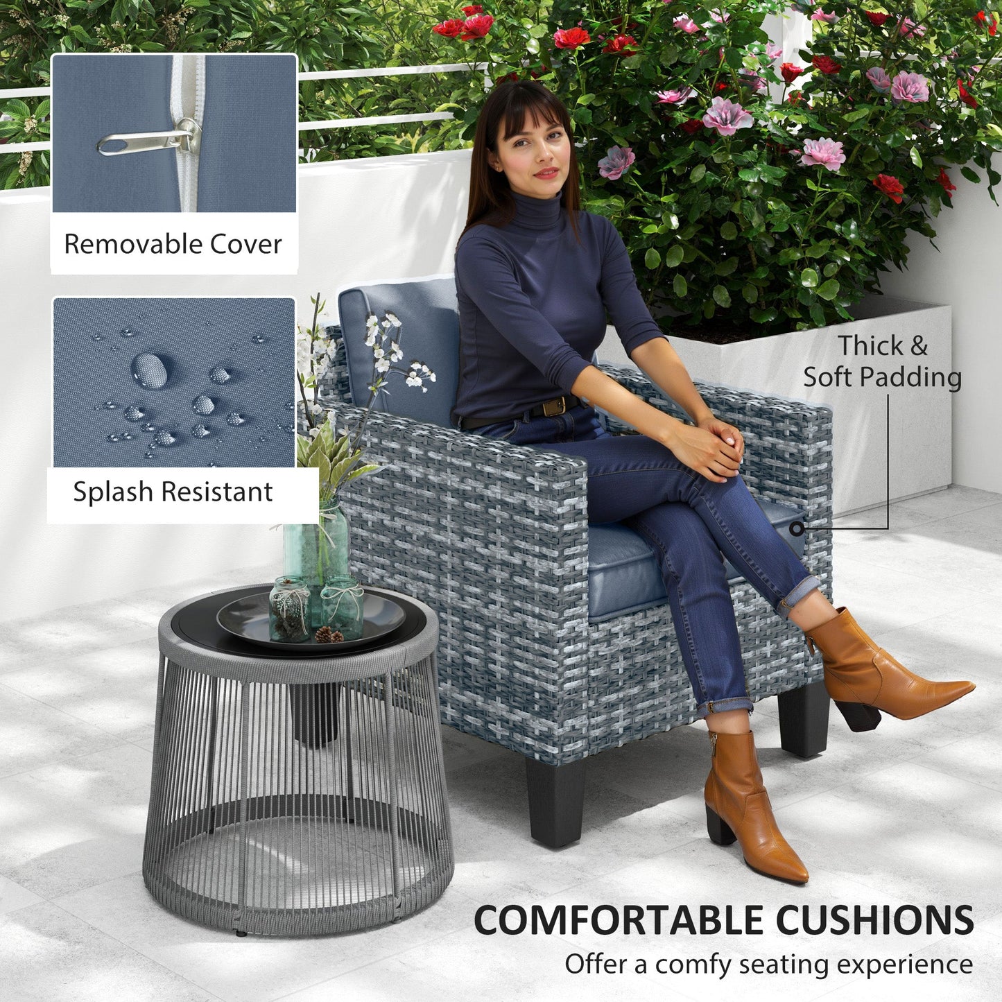 Single Seater Rattan Garden Armchair, PE Wicker Rattan Chair with Armrests and Cushions, Garden Chair with Galvanised Steel Frame for Conservatory, Porch, Light Grey