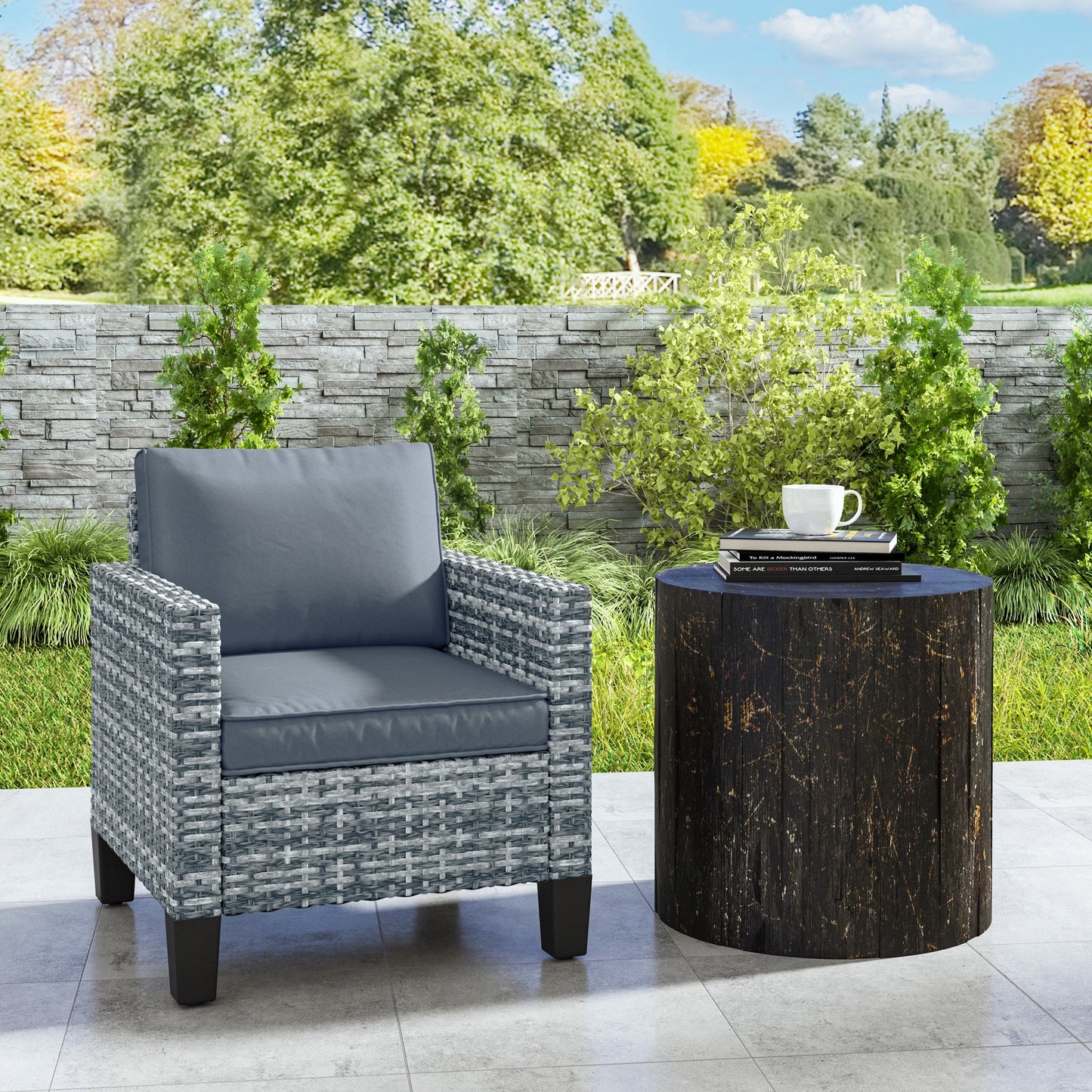 Single Seater Rattan Garden Armchair, PE Wicker Rattan Chair with Armrests and Cushions, Garden Chair with Galvanised Steel Frame for Conservatory, Porch, Light Grey