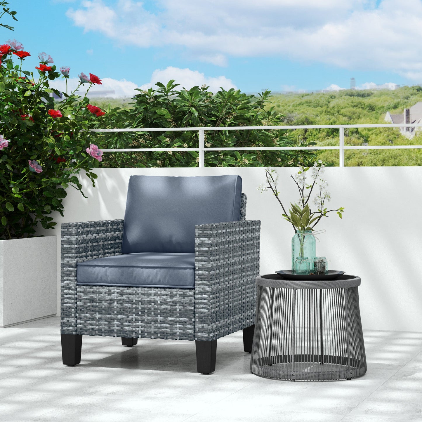 Single Seater Rattan Garden Armchair, PE Wicker Rattan Chair with Armrests and Cushions, Garden Chair with Galvanised Steel Frame for Conservatory, Porch, Light Grey