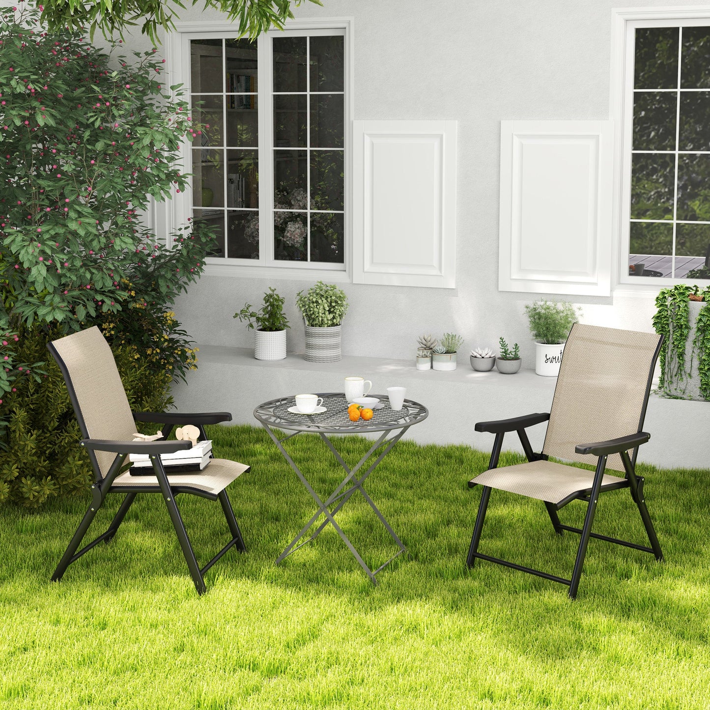 Set of 2 Folding Chair, Garden Chair Set with Breathable Mesh Back and Seat, Outdoor Camping Chairs with Armrests, Steel Frame for Deck Balcony, Brown