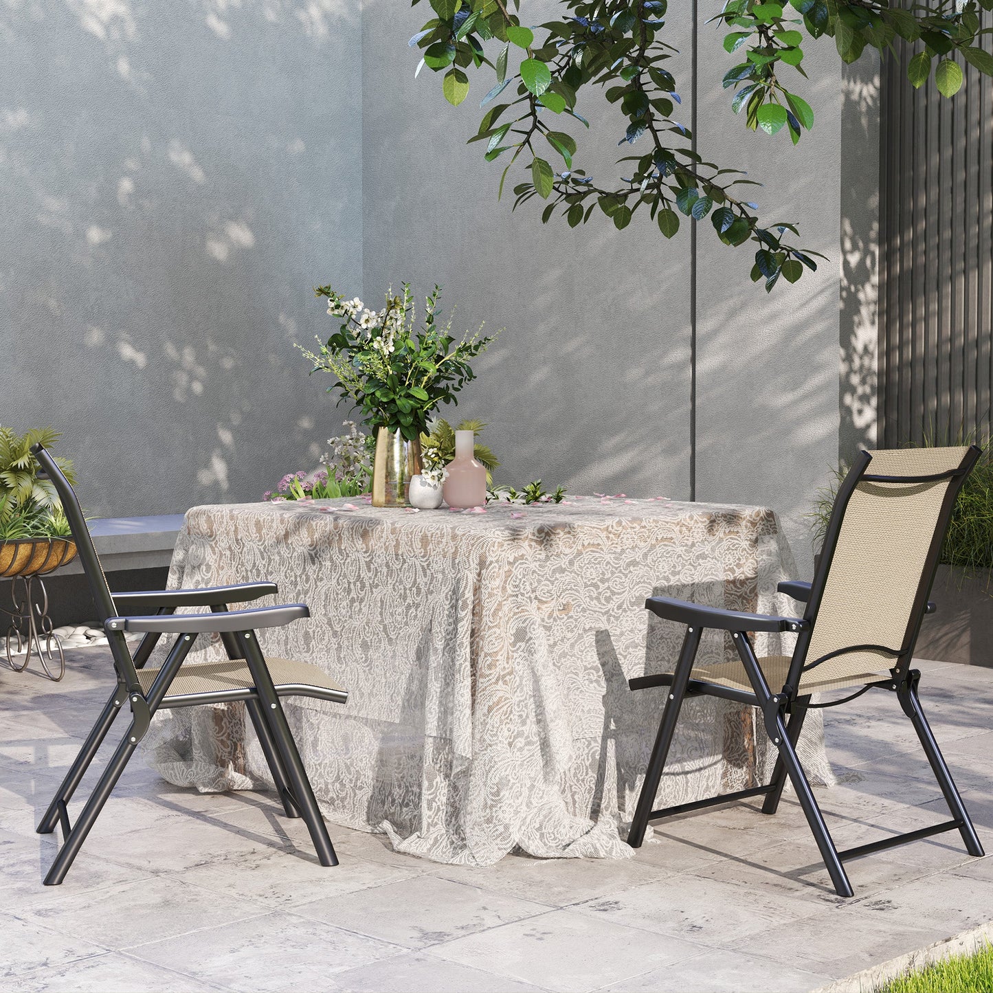 Set of 2 Folding Chair, Garden Chair Set with Breathable Mesh Back and Seat, Outdoor Camping Chairs with Armrests, Steel Frame for Deck Balcony, Brown