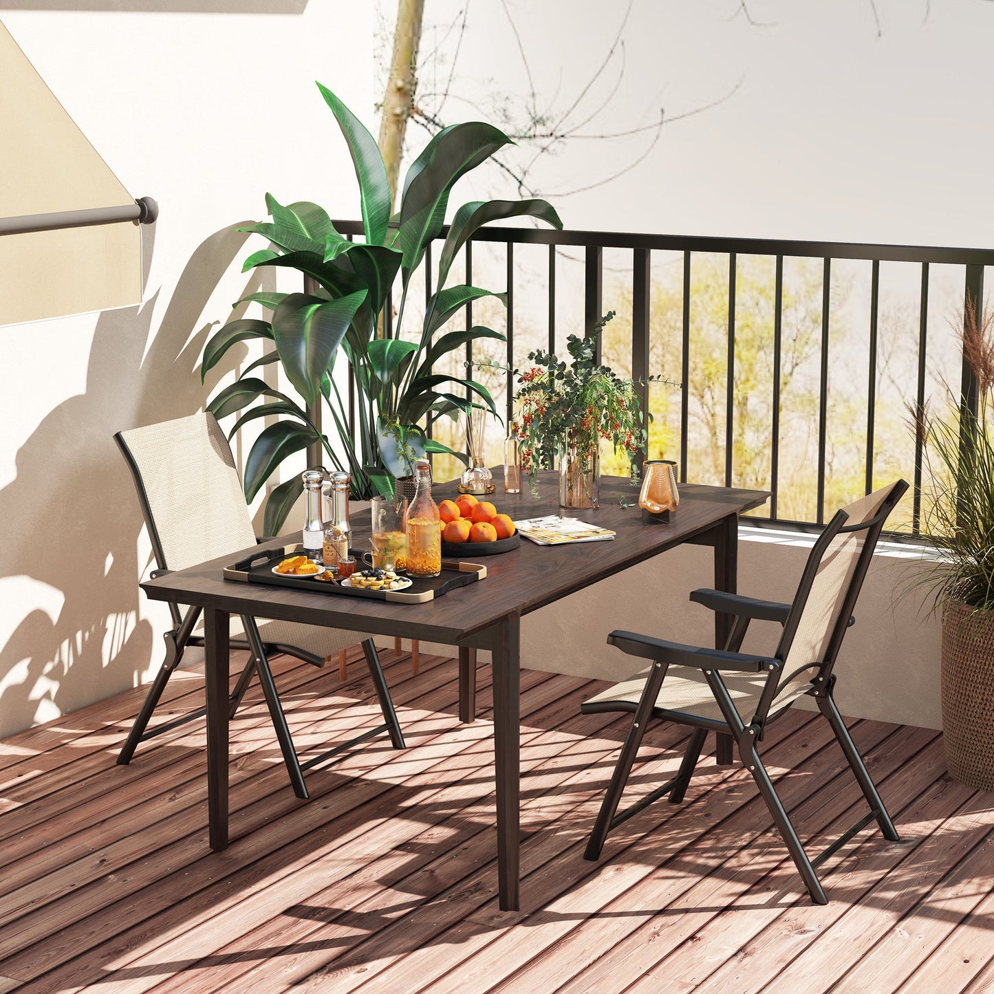 Set of 2 Folding Chair, Garden Chair Set with Breathable Mesh Back and Seat, Outdoor Camping Chairs with Armrests, Steel Frame for Deck Balcony, Brown