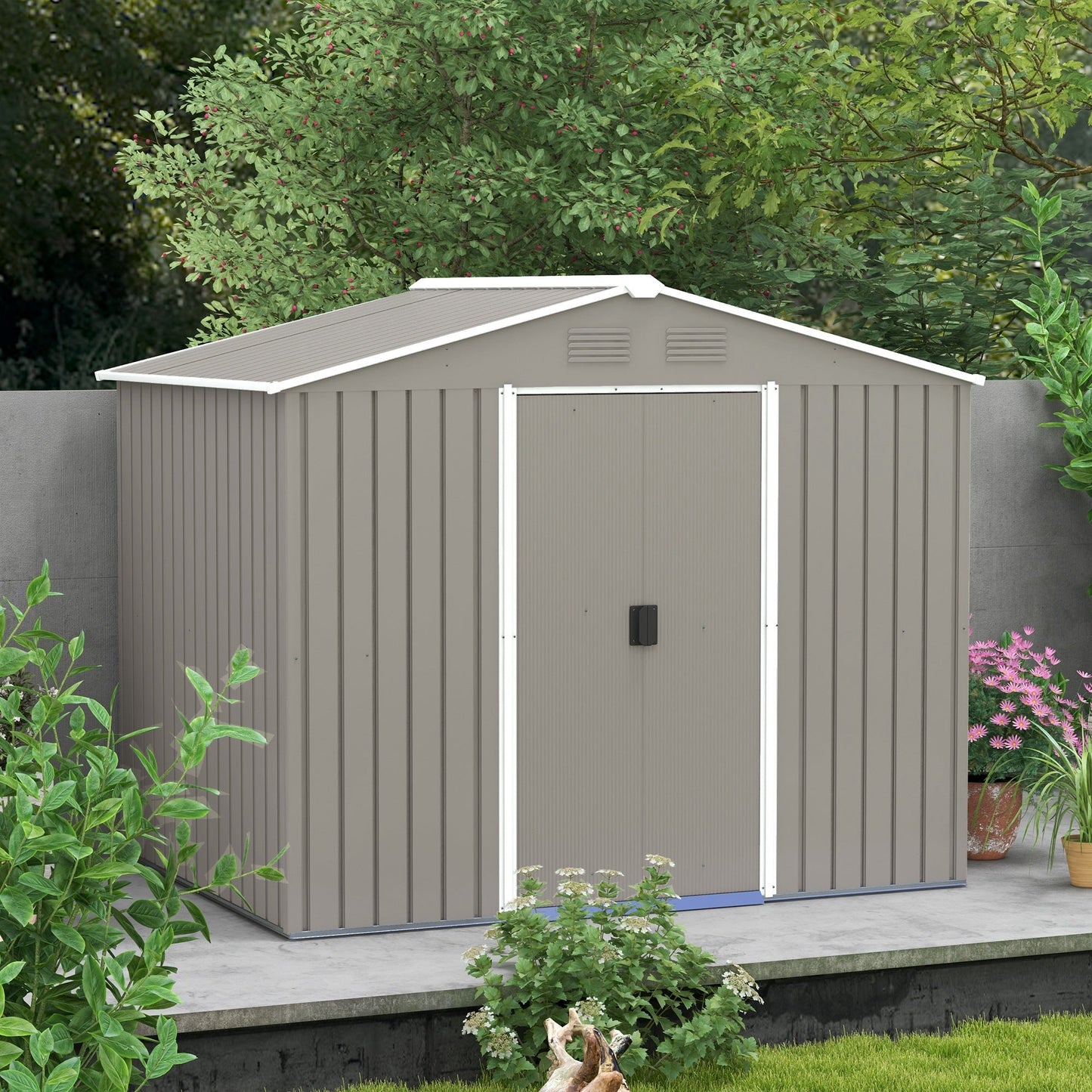 7.7 x 5.7ft Metal Garden Shed, Galvanised Outdoor Tool Storage House with Ventilation Slots and Sliding Doors, Light Grey
