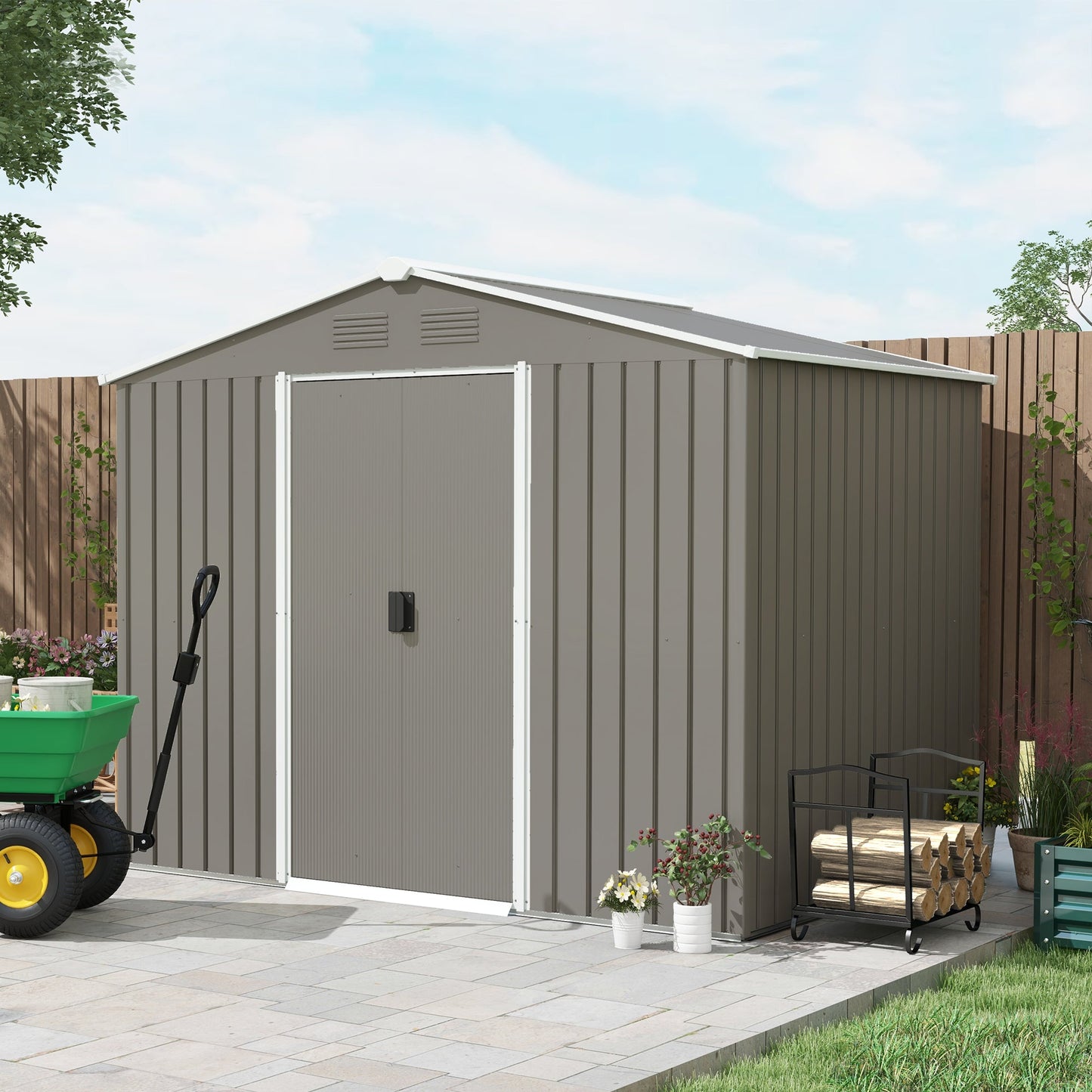 7.7 x 5.7ft Metal Garden Shed, Galvanised Outdoor Tool Storage House with Ventilation Slots and Sliding Doors, Light Grey