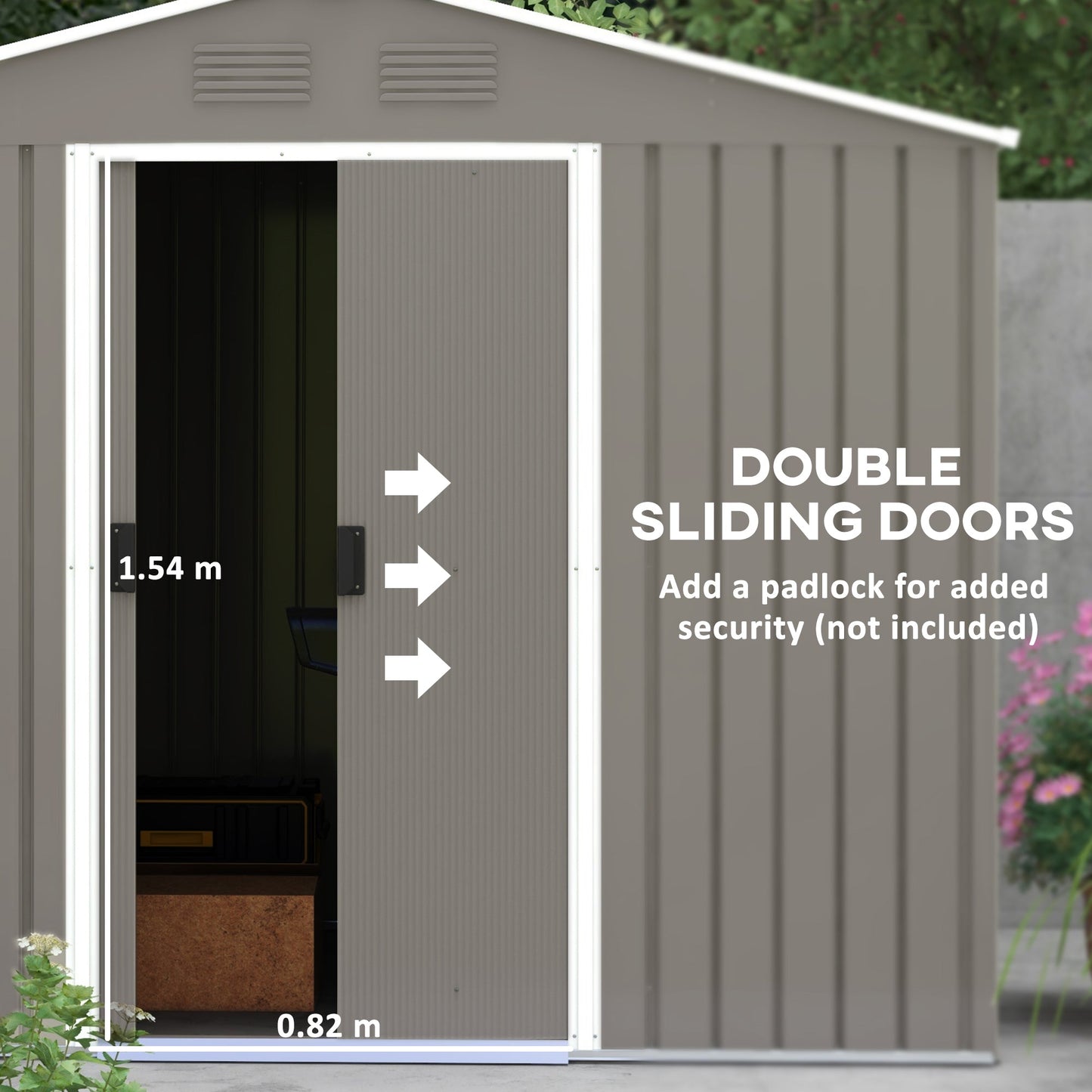 7.7 x 5.7ft Metal Garden Shed, Galvanised Outdoor Tool Storage House with Ventilation Slots and Sliding Doors, Light Grey