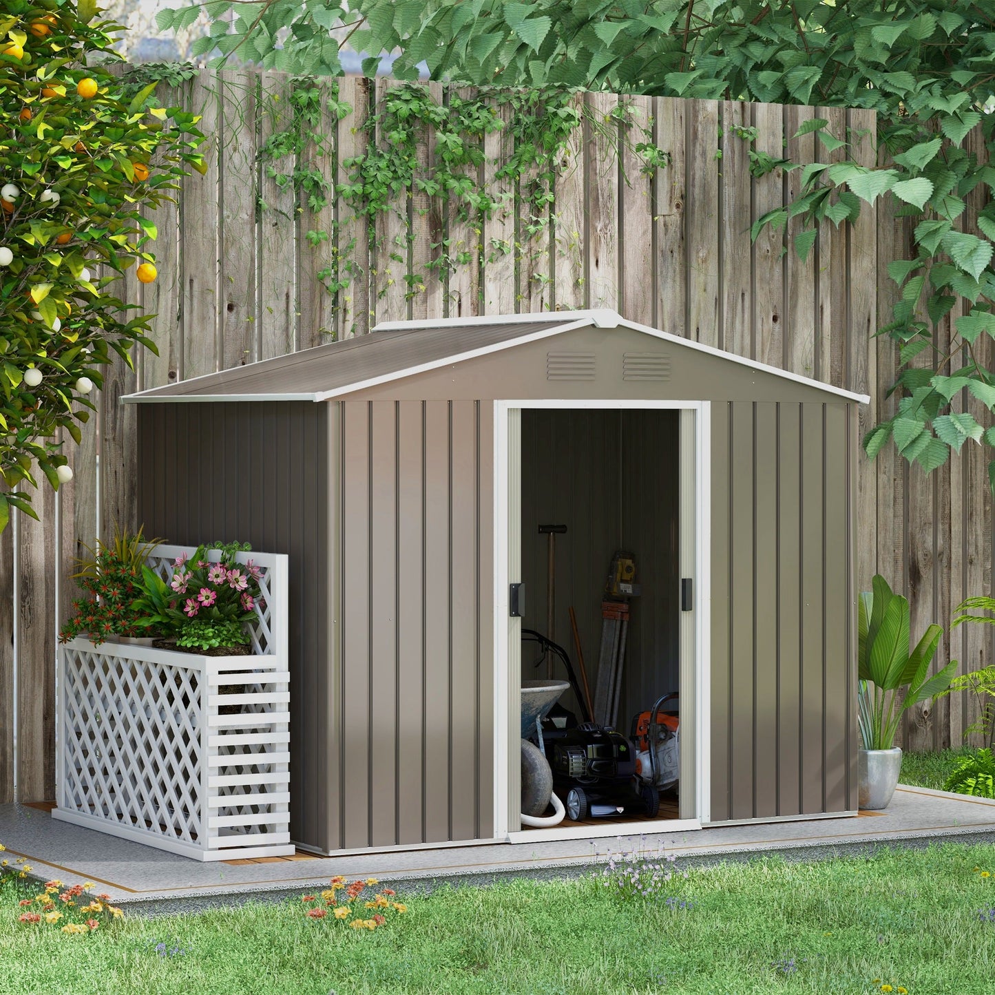 7.7 x 5.7ft Metal Garden Shed, Galvanised Outdoor Tool Storage House with Ventilation Slots and Sliding Doors, Light Grey