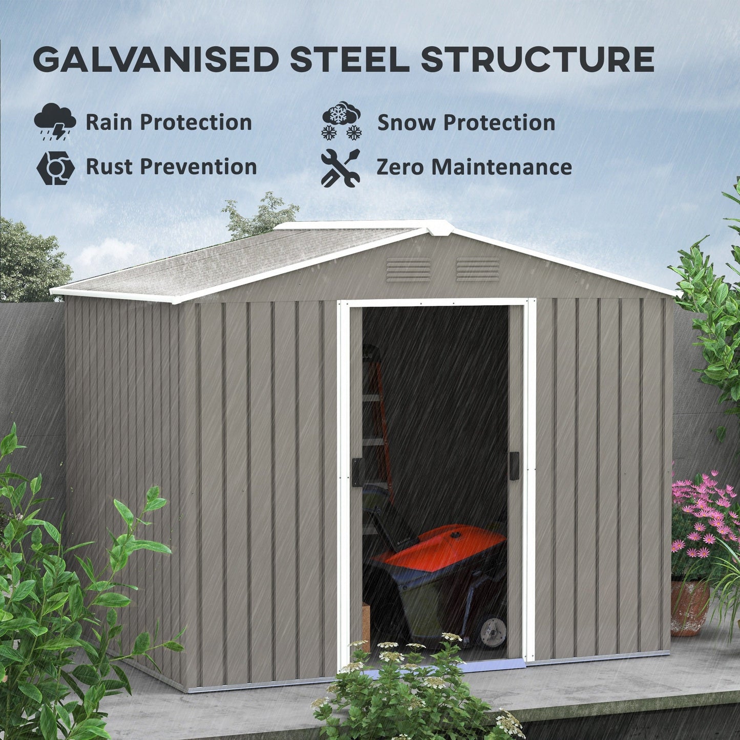 7.7 x 5.7ft Metal Garden Shed, Galvanised Outdoor Tool Storage House with Ventilation Slots and Sliding Doors, Light Grey