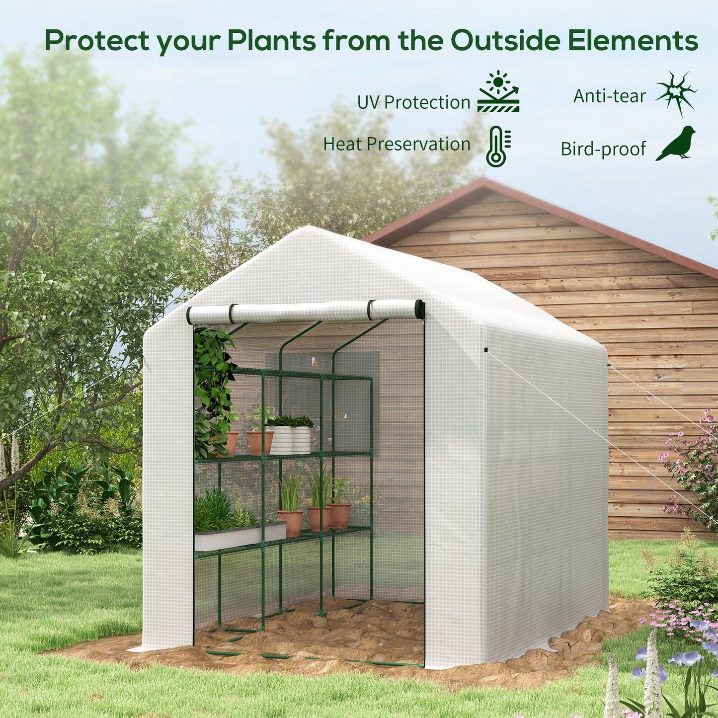 Walk-in Greenhouse with 4 Tier 24 Shelves, Portable Grow House with Roll-up Zipped Door, 244 x 180 x 210 cm, White